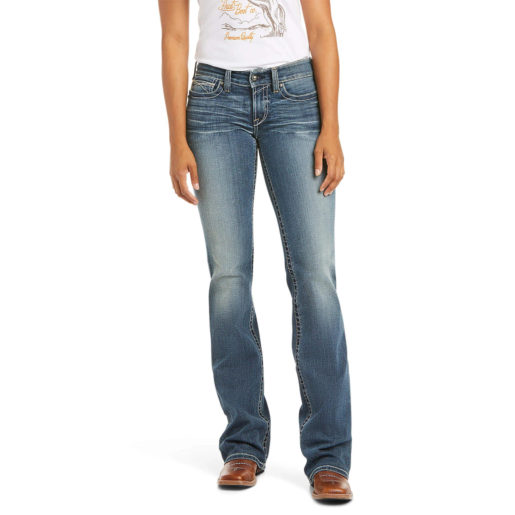 Women's Ariat R.E.A.L. Mid Rise Stretch Whipstitch Boot Cut Jean in Rainstorm - Image 10