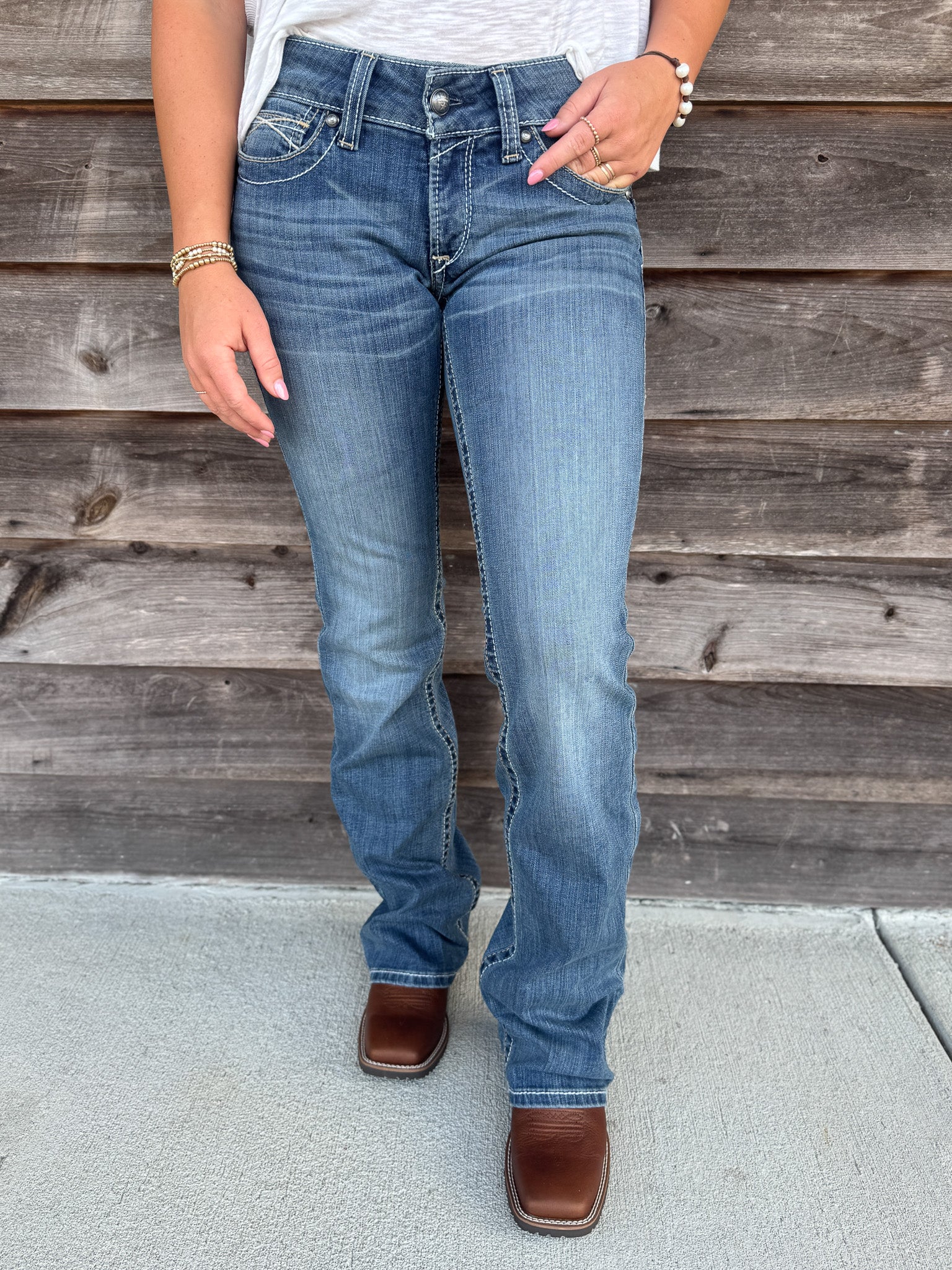 Women's Ariat R.E.A.L. Mid Rise Stretch Whipstitch Boot Cut Jean in Rainstorm - Image 3