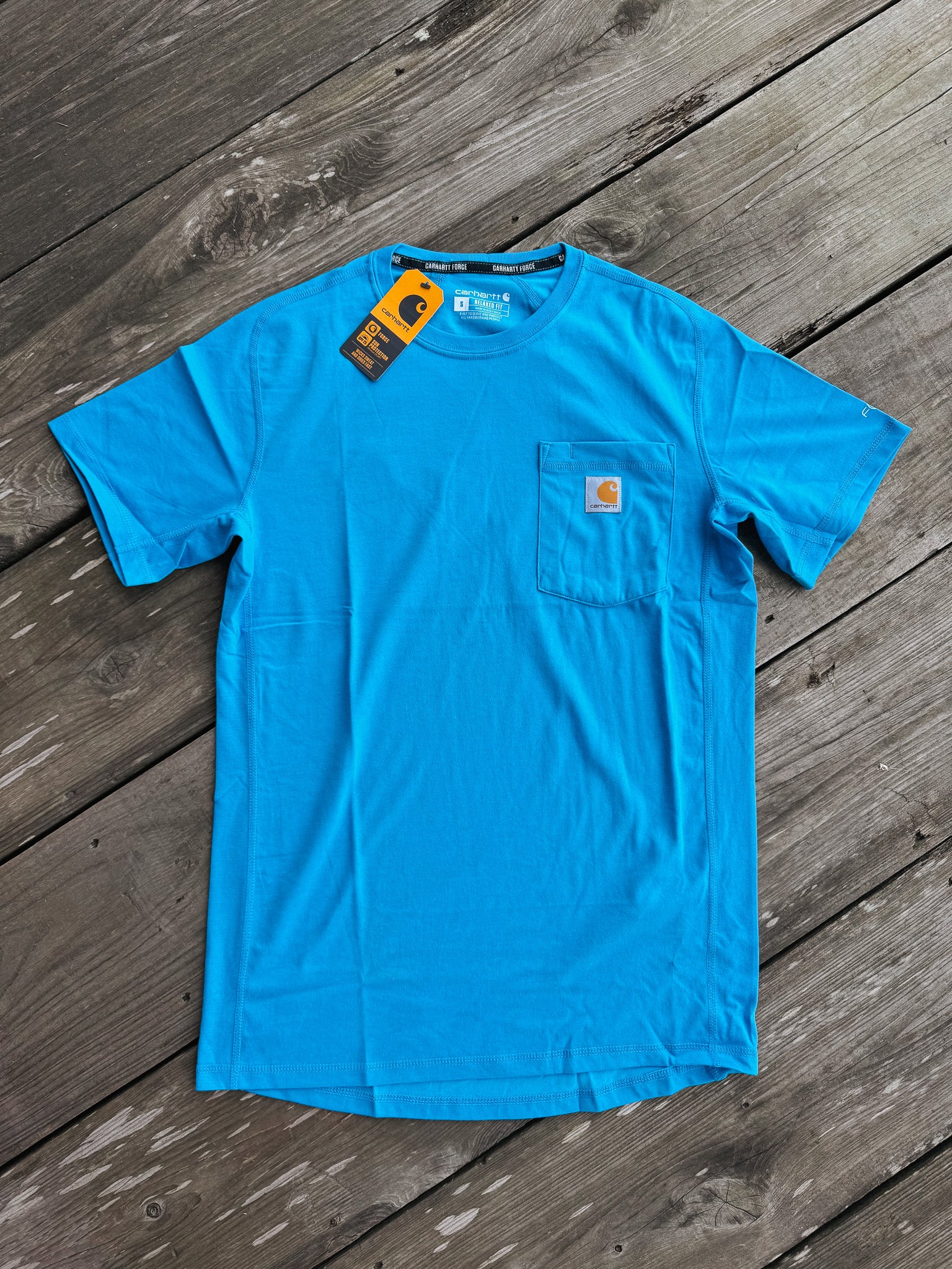 Men's Carhartt Force Relaxed Fit Midweight Short Sleeve Pocket T-Shirt in Engineer Blue Heather - Image 2