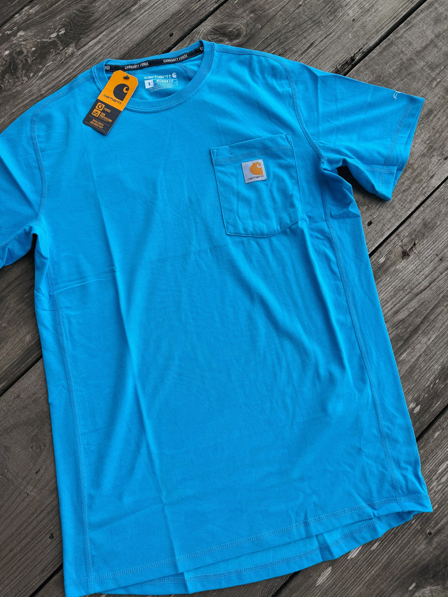 Men's Carhartt Force Relaxed Fit Midweight Short Sleeve Pocket T-Shirt in Engineer Blue Heather - Image 3
