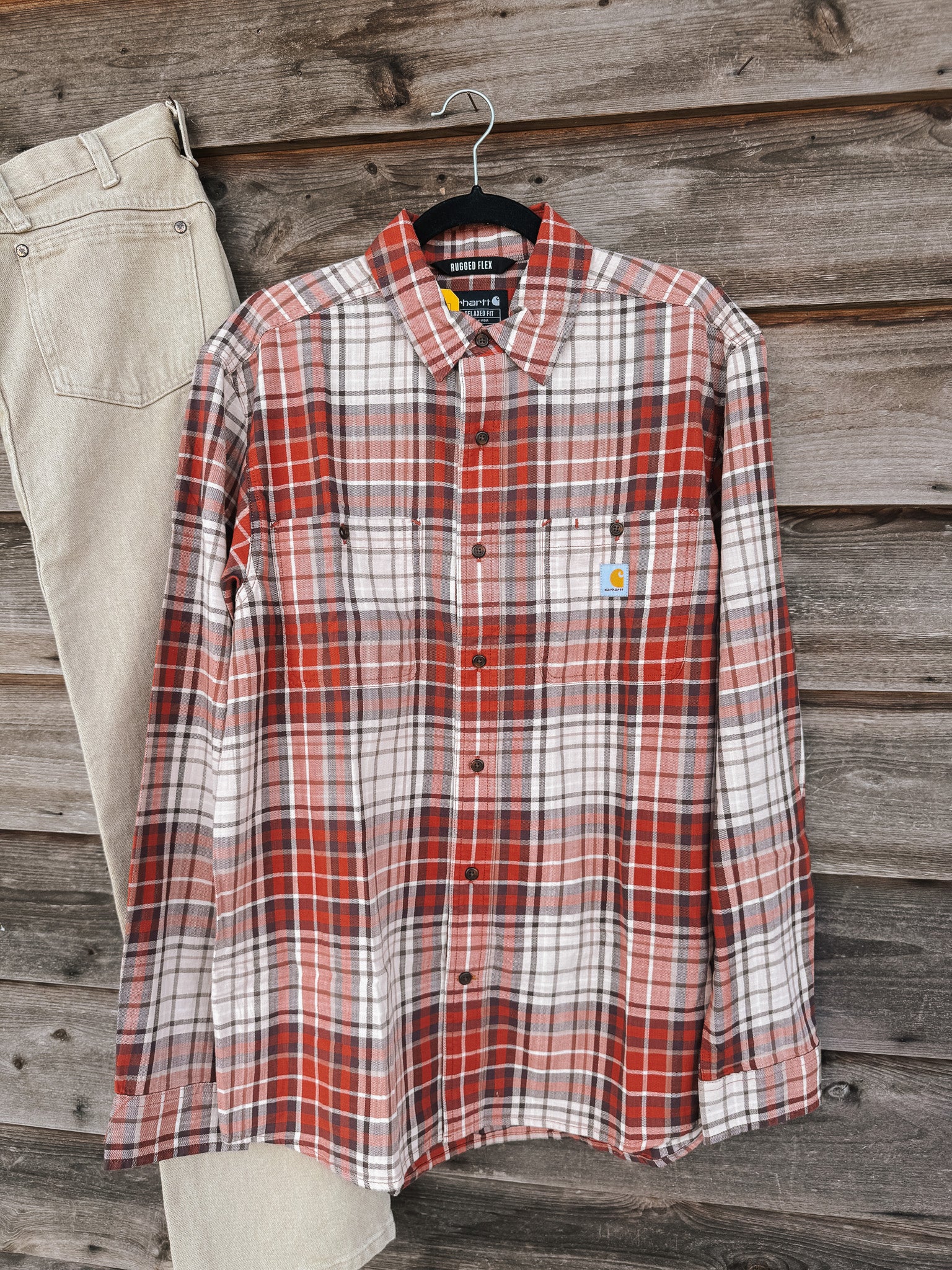Carhartt Rugged Flex Relaxed Fit Lightweight Long-Sleeve Plaid Shirt in Spiced Red - Image 2