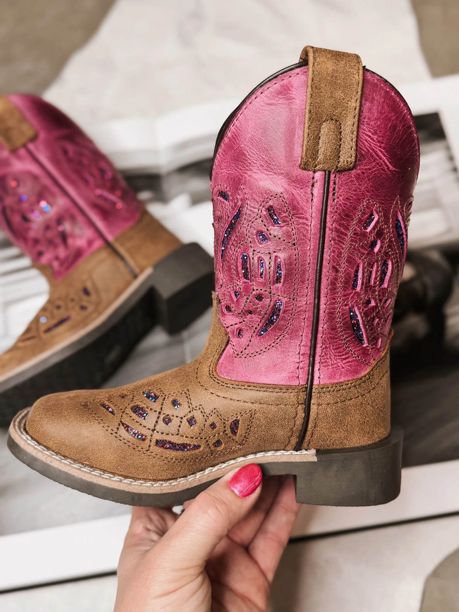 GIRL'S SMOKY MOUNTAIN TRIXIE BROWN PINK LEATHER COWBOY BOOTS - Image 2