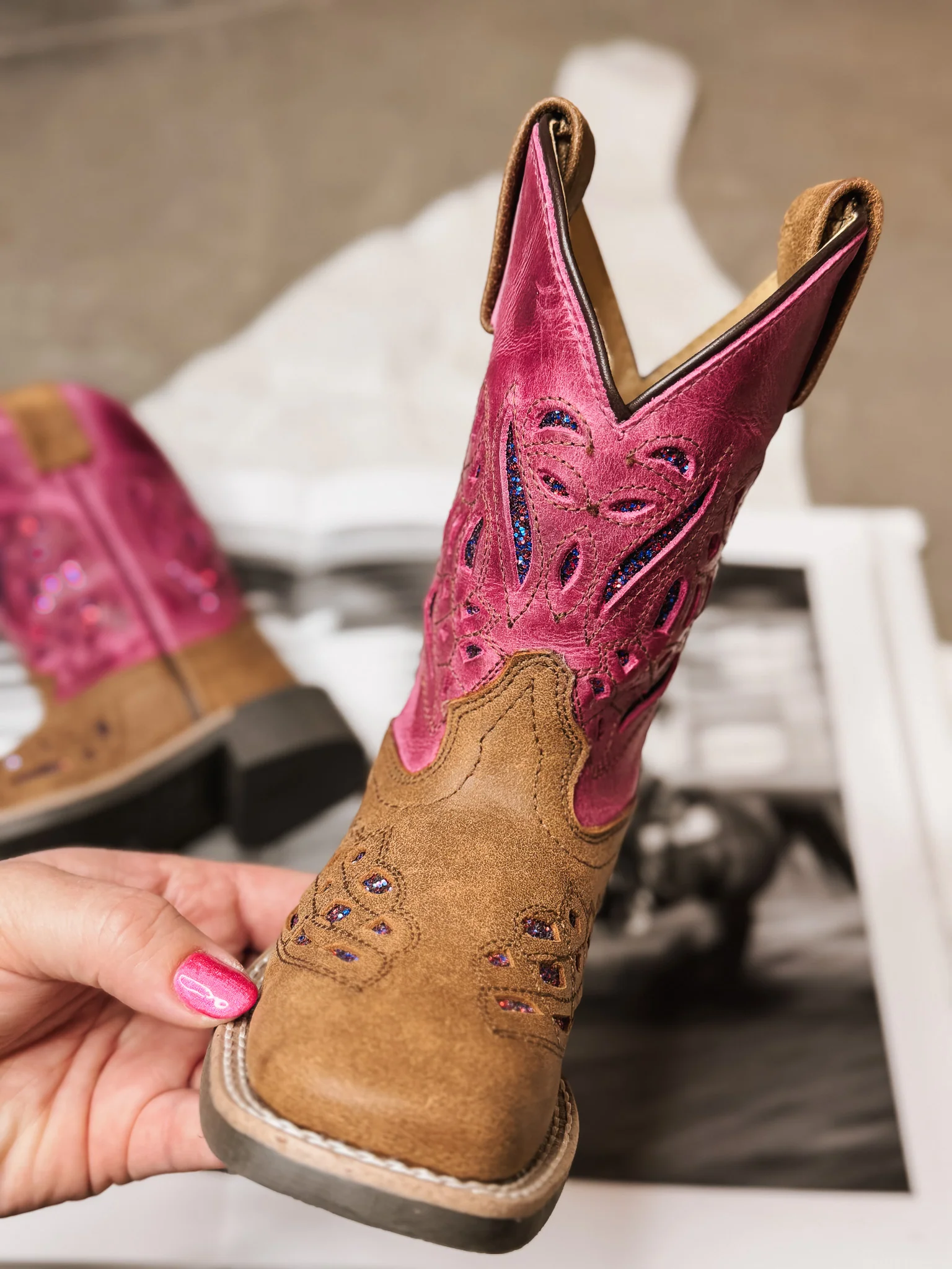 GIRL'S SMOKY MOUNTAIN TRIXIE BROWN PINK LEATHER COWBOY BOOTS - Image 3