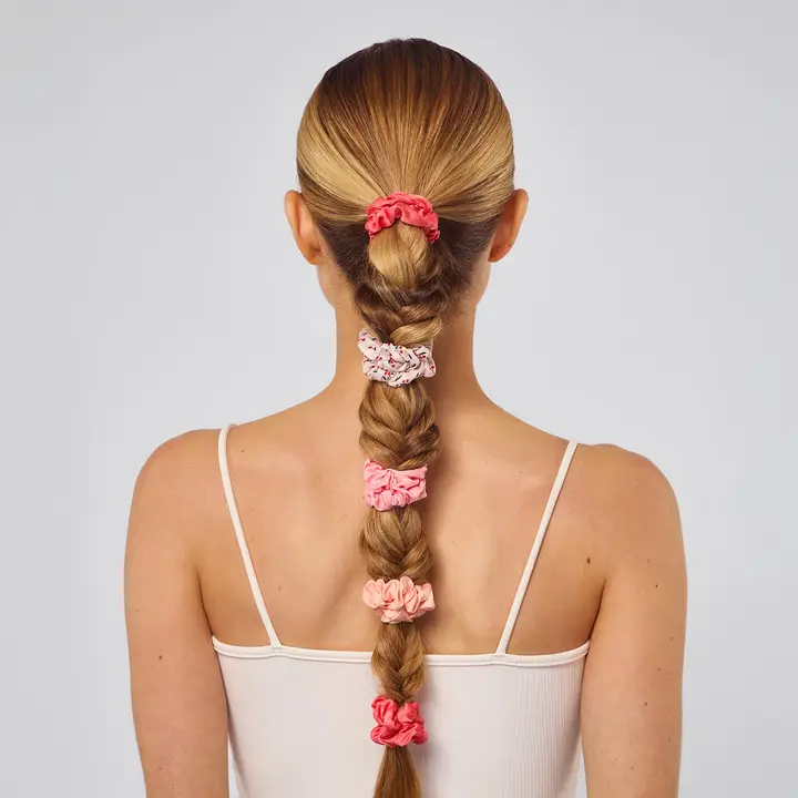Ruched Satin Scrunchies 5pc Set - Assorted Cherry Blossom - Image 3