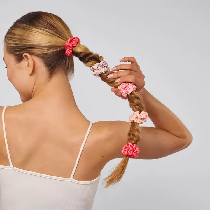 Ruched Satin Scrunchies 5pc Set - Assorted Cherry Blossom - Image 5