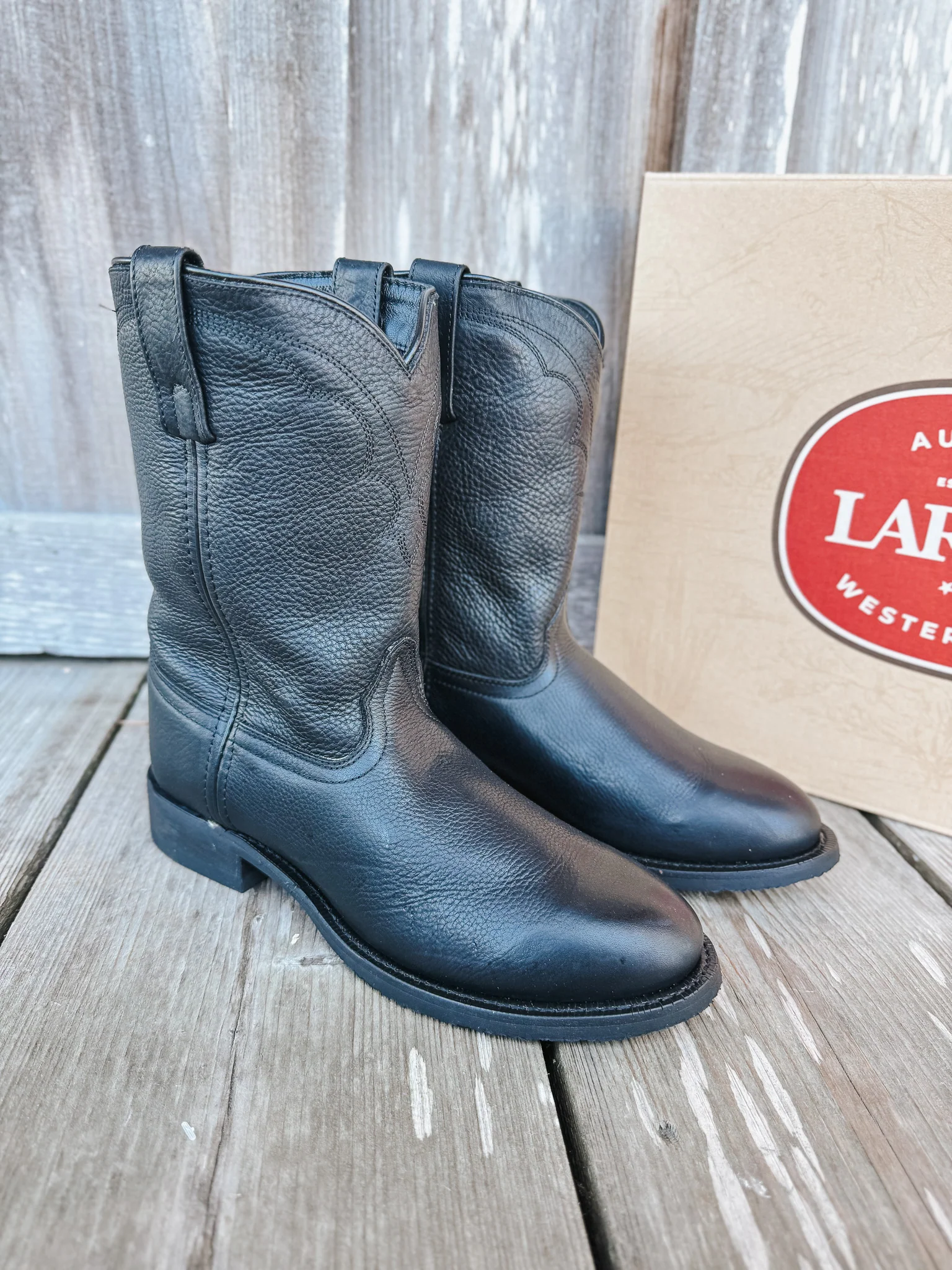 Men's Laredo Vaughn Black Leather Roper Boots - Image 4