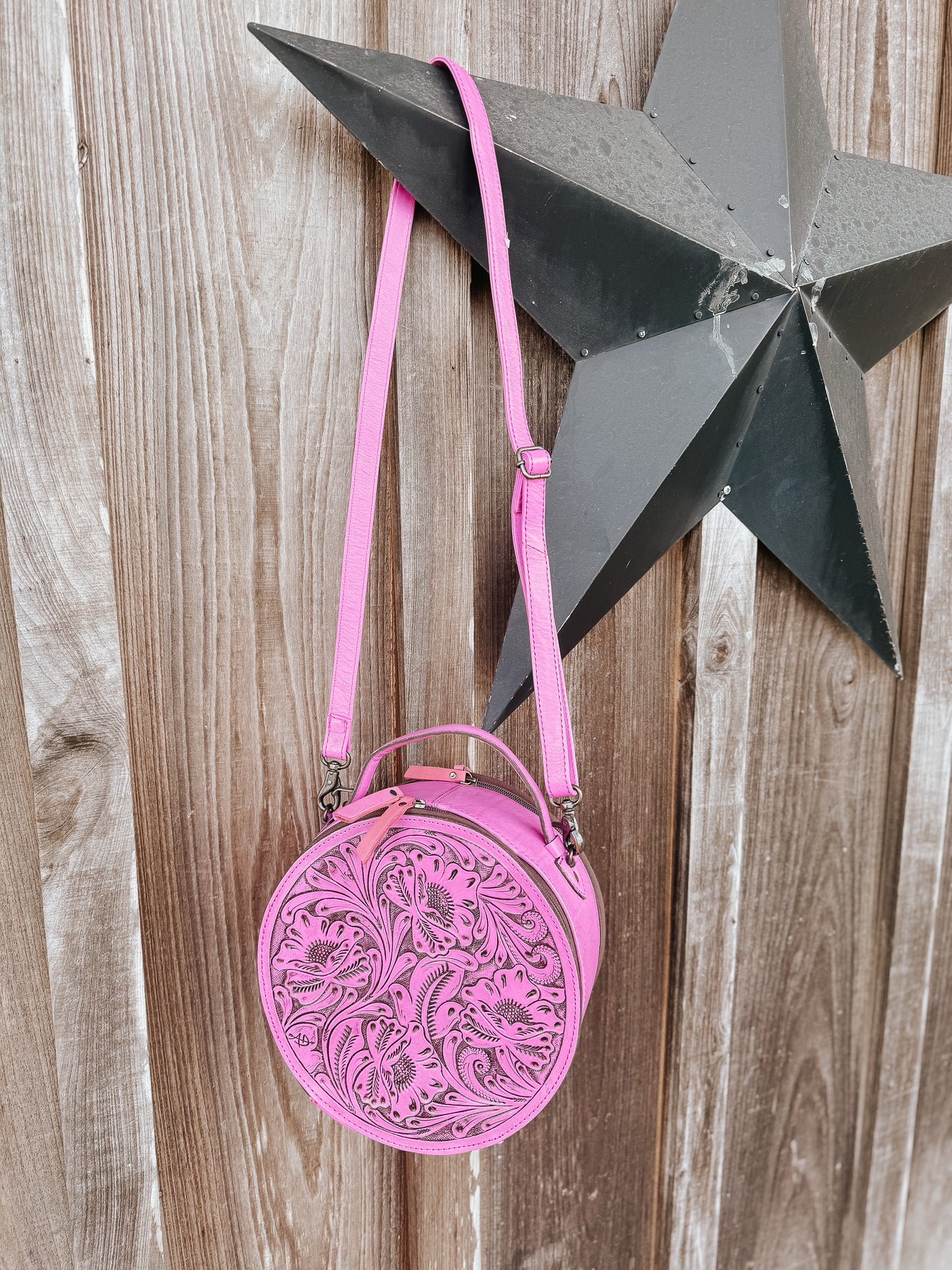 Pink Leather Round Crossbody Purse - Image 10