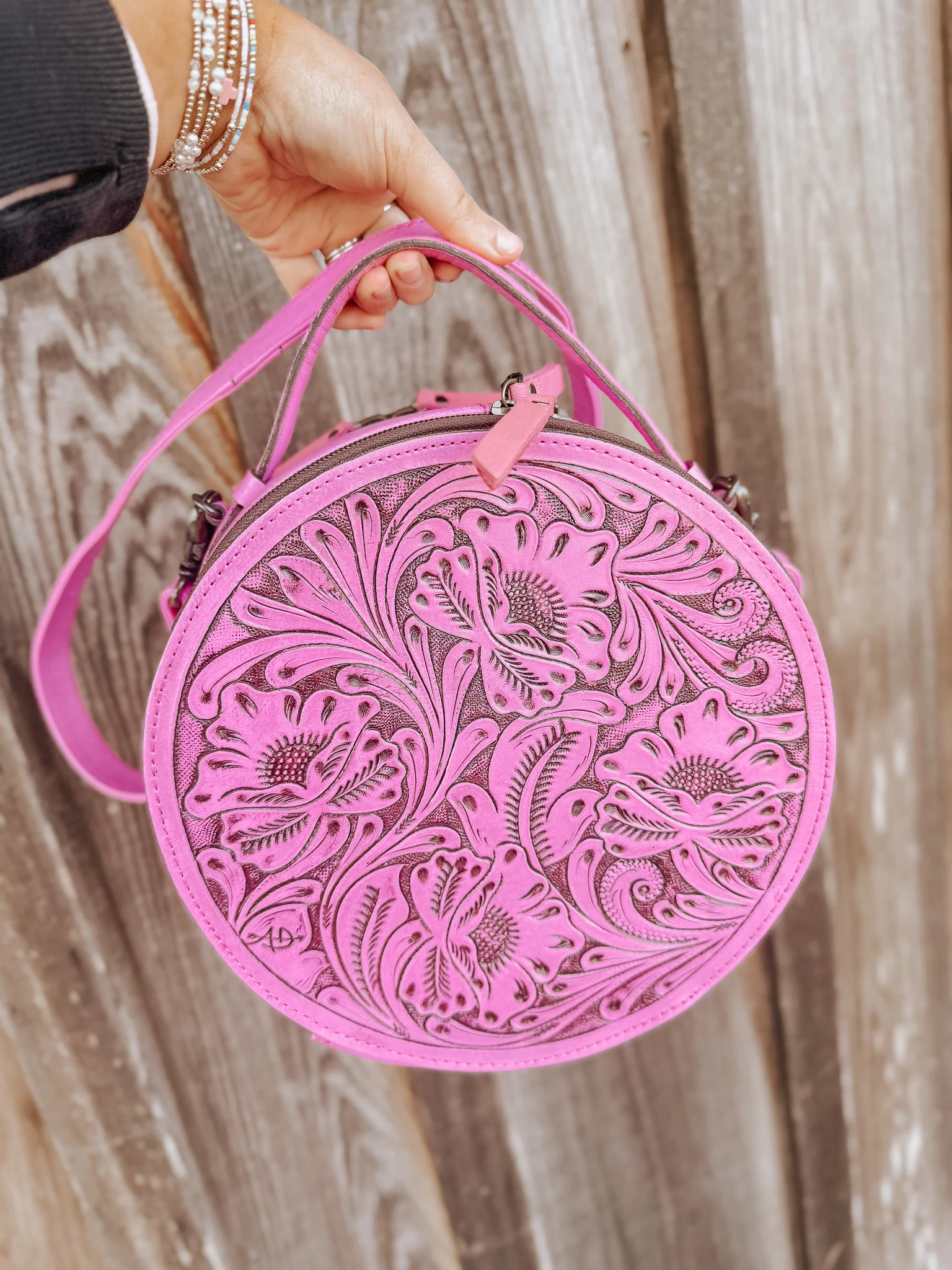 Pink Leather Round Crossbody Purse - Image 3