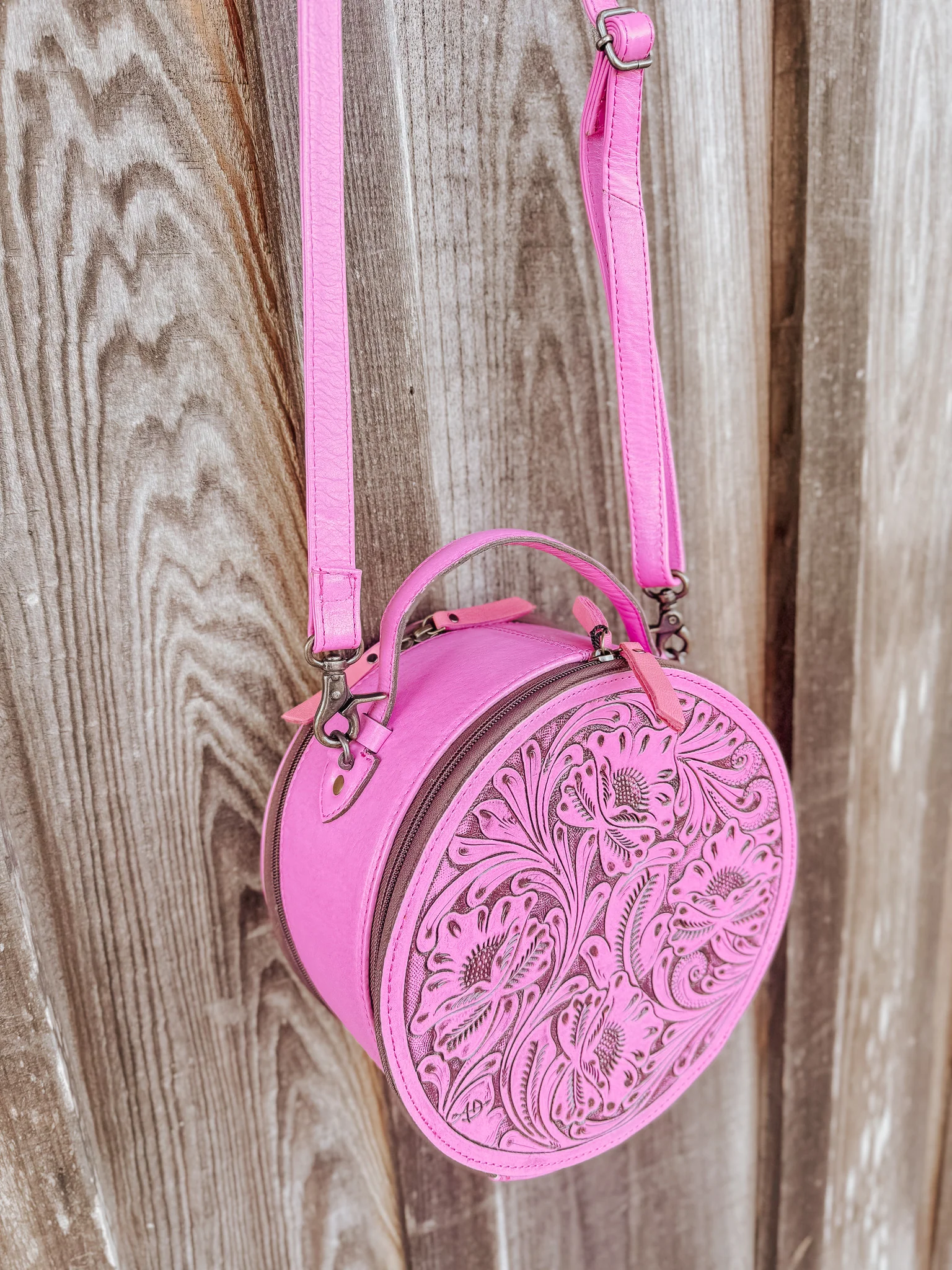 Pink Leather Round Crossbody Purse - Image 7