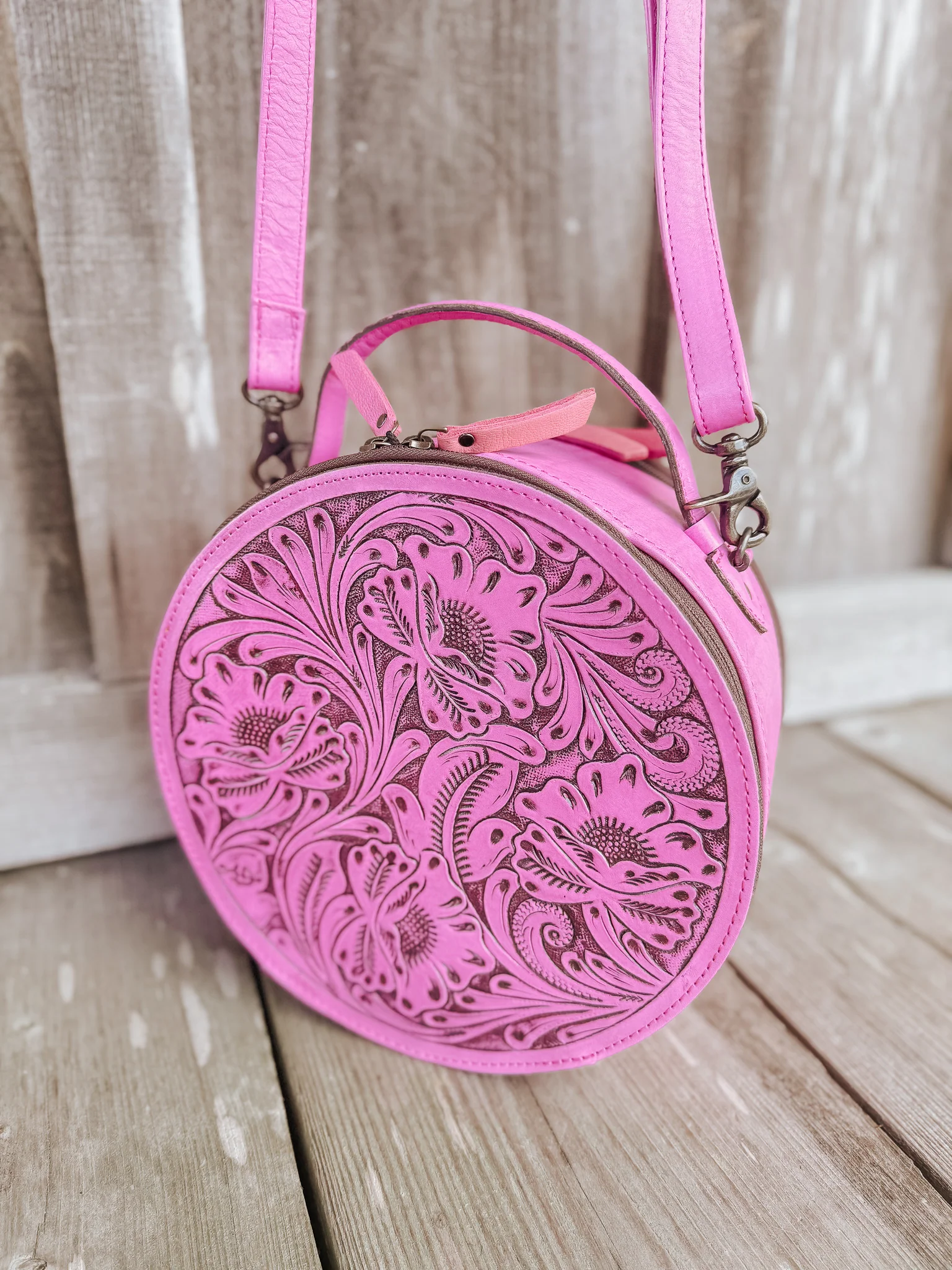 Pink Leather Round Crossbody Purse - Image 8