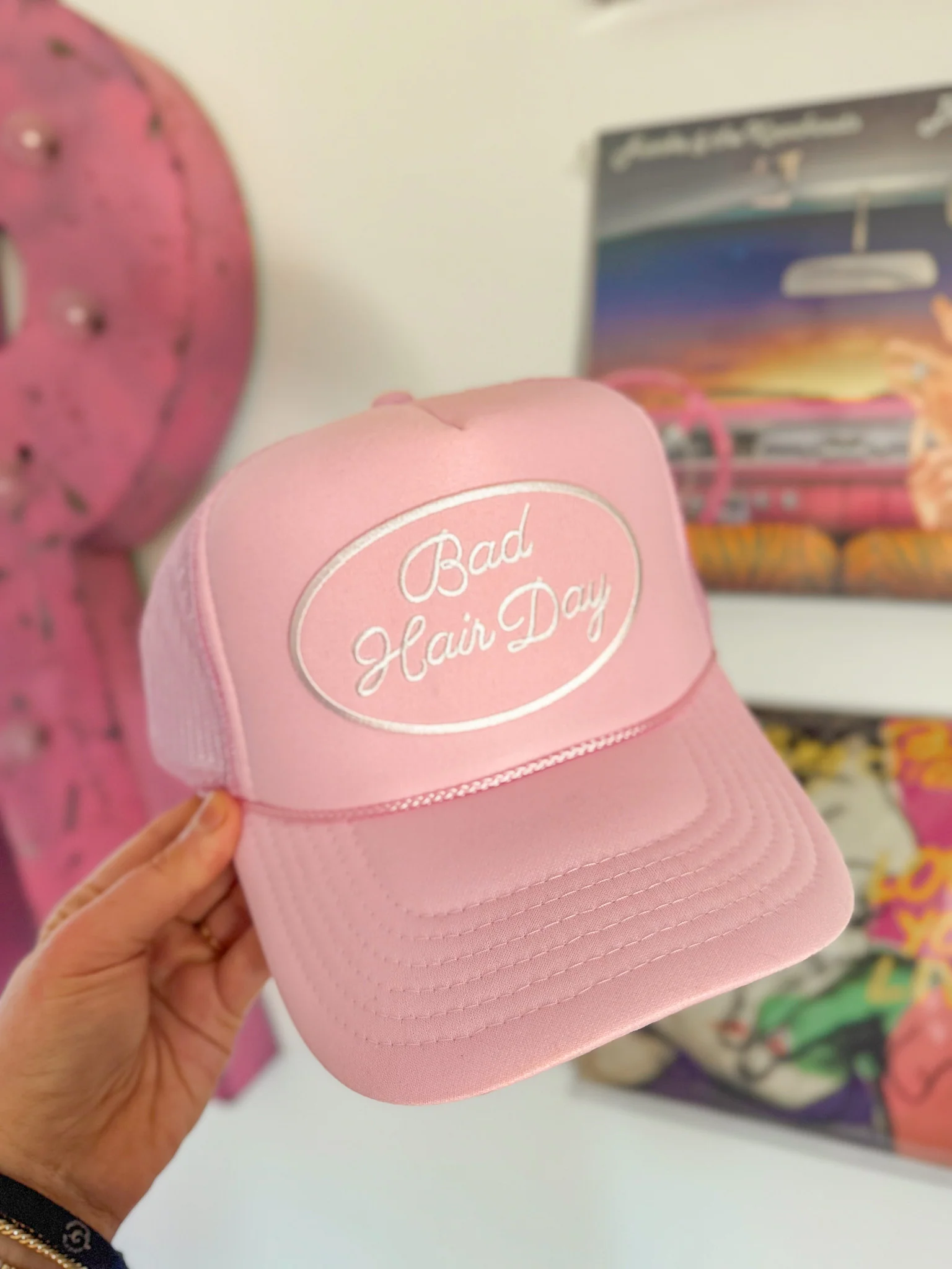 Bad Hair Day Pink Mesh Trucker Hat - Image 3