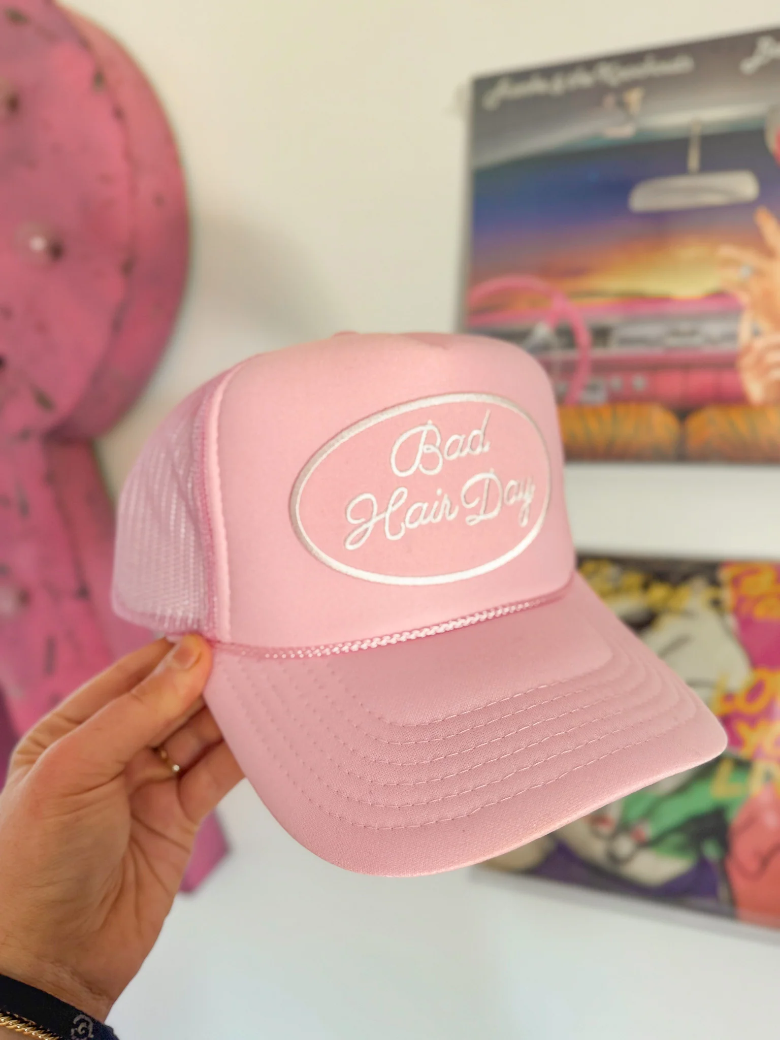 Bad Hair Day Pink Mesh Trucker Hat - Image 4