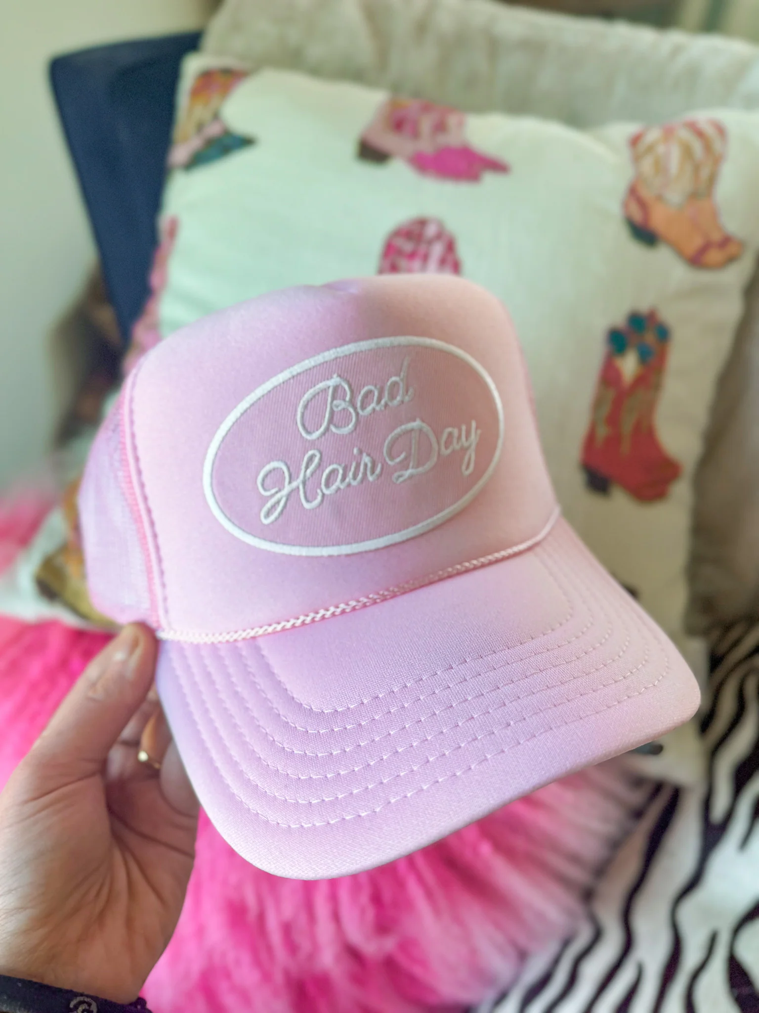 Bad Hair Day Pink Mesh Trucker Hat - Image 5