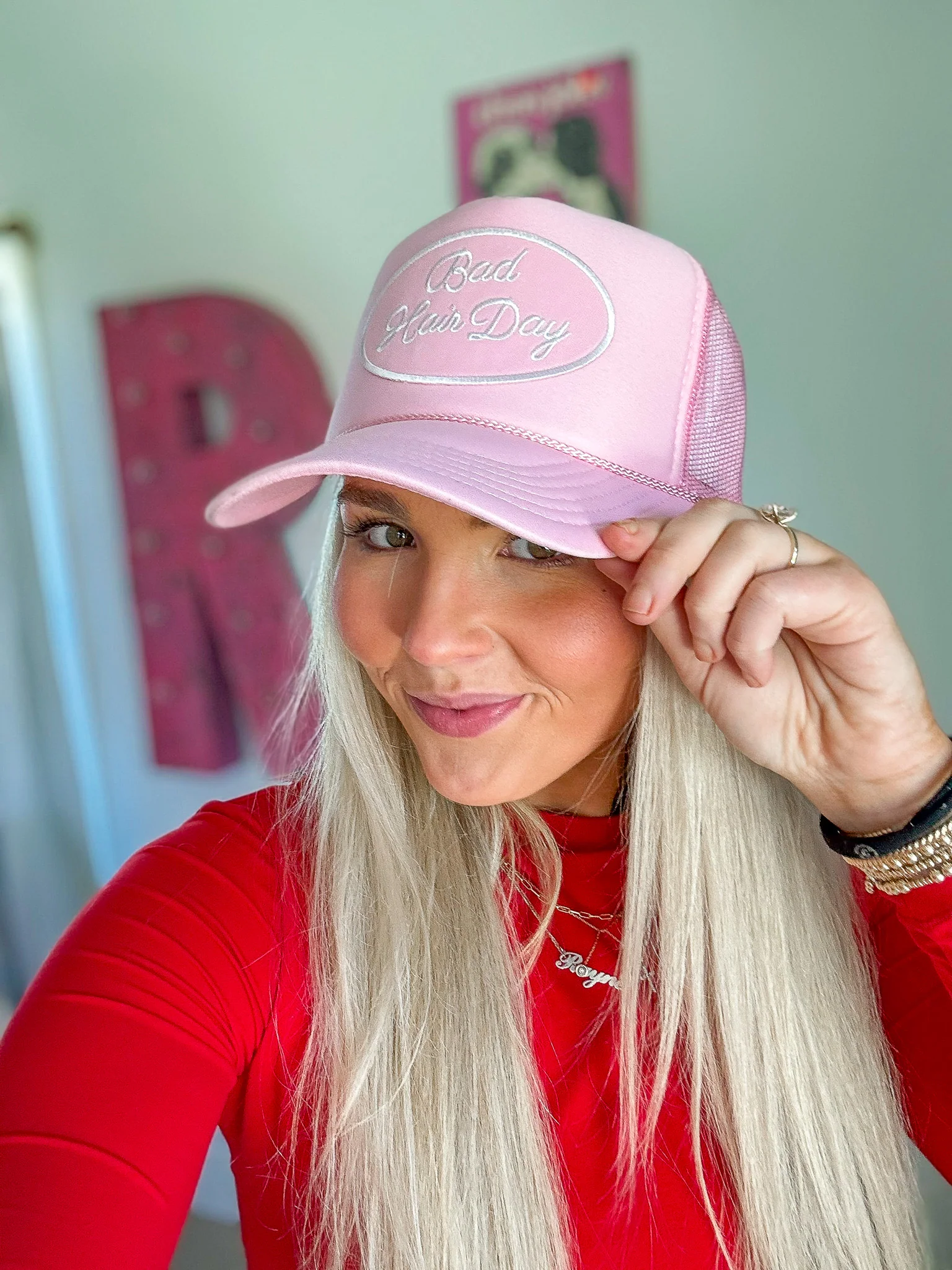 Bad Hair Day Pink Mesh Trucker Hat - Image 6