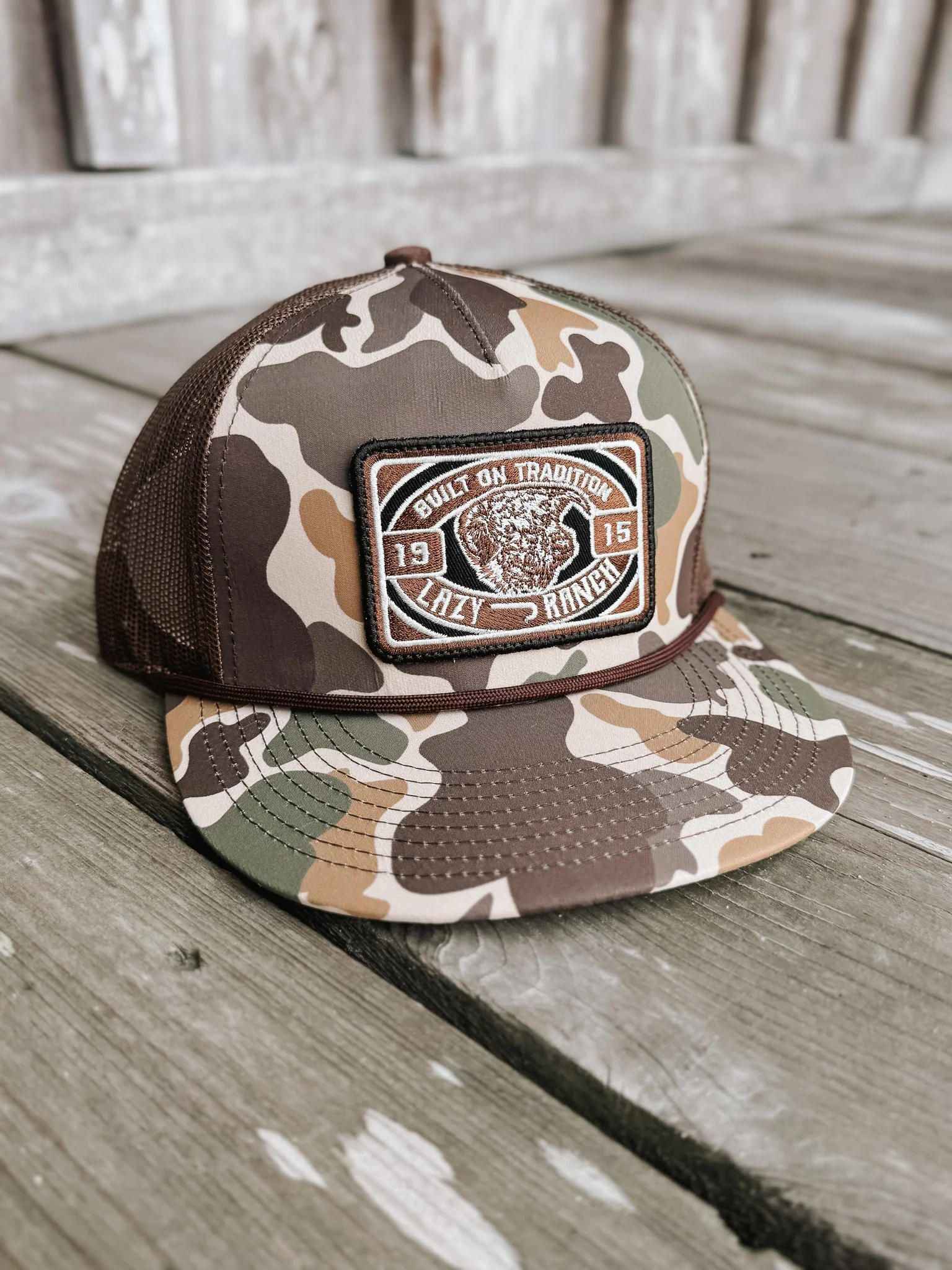 Lazy J Ranch Camo & Brown Drive Line Classic Rope Trucker Hat - Image 2