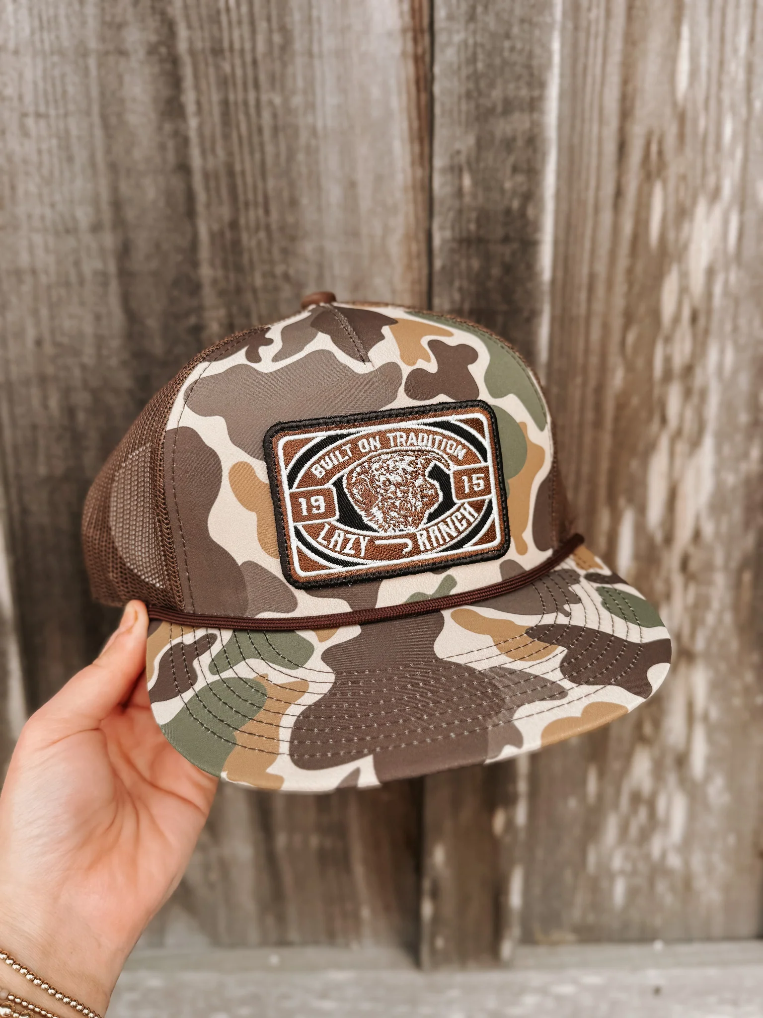 Lazy J Ranch Camo & Brown Drive Line Classic Rope Trucker Hat - Image 3