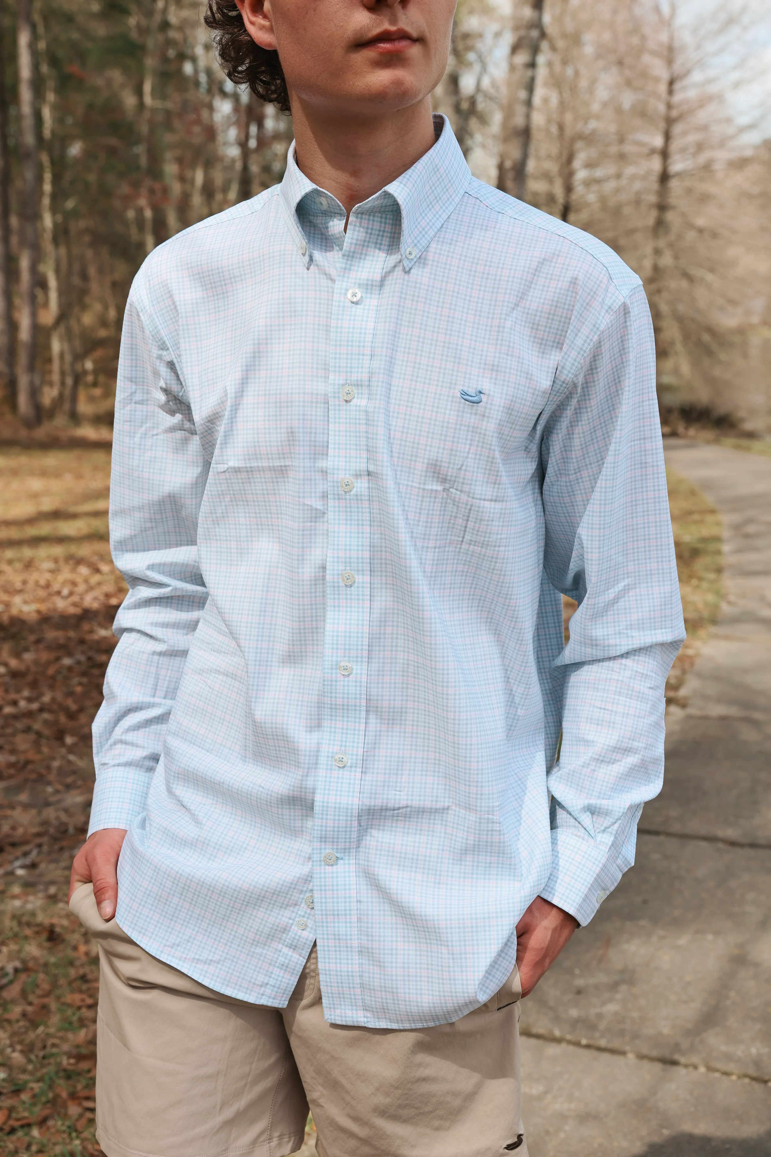 Southern Marsh Dyer Performance Gingham Dress Shirt in Light Blue & Mint - Image 2