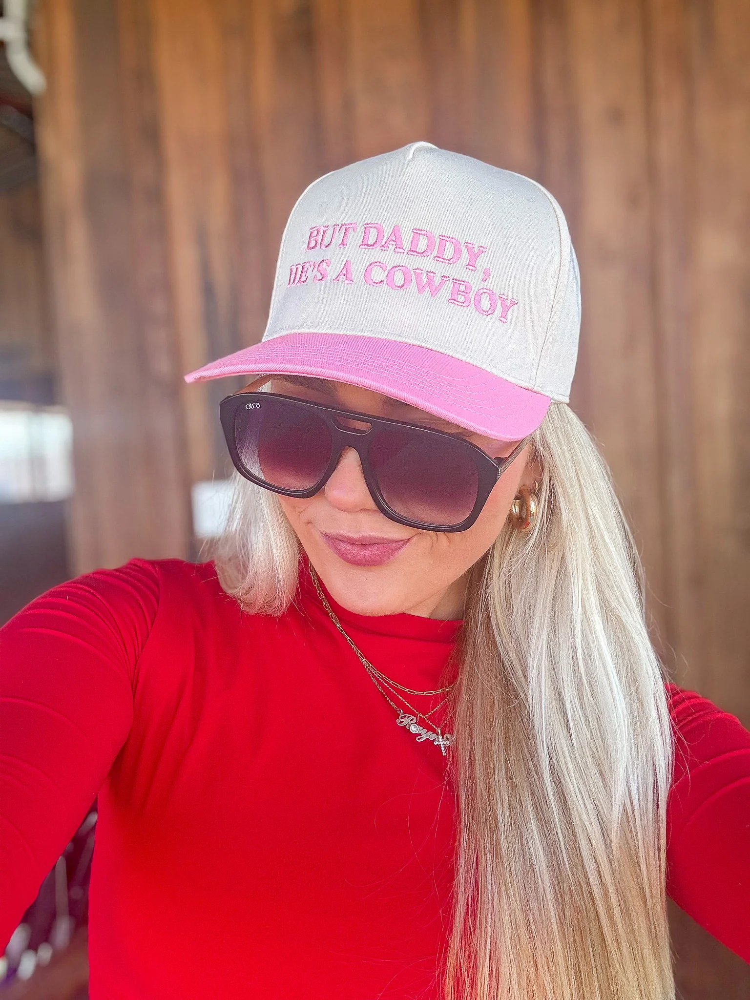 But Daddy, He's A Cowboy Pink Trucker Hat - Image 3