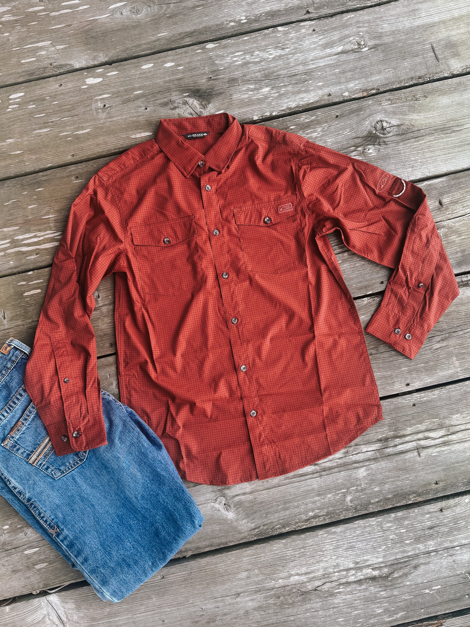 Men's Drake Frat Gingham Check Button-Down Long Sleeve Shirt in Tomato - Image 2
