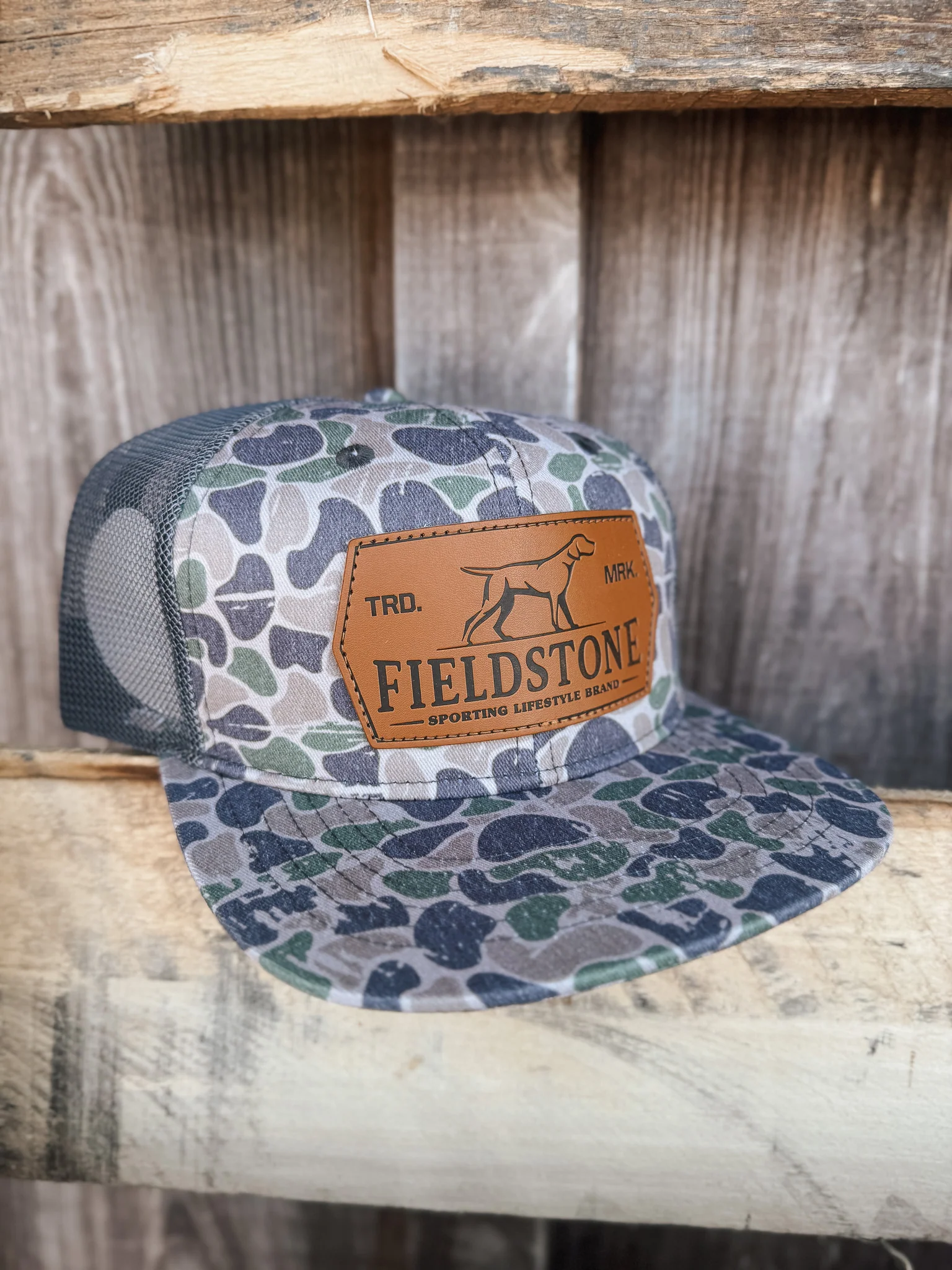 Fieldstone Backwoods Camo Leather Patch Cap - Image 2