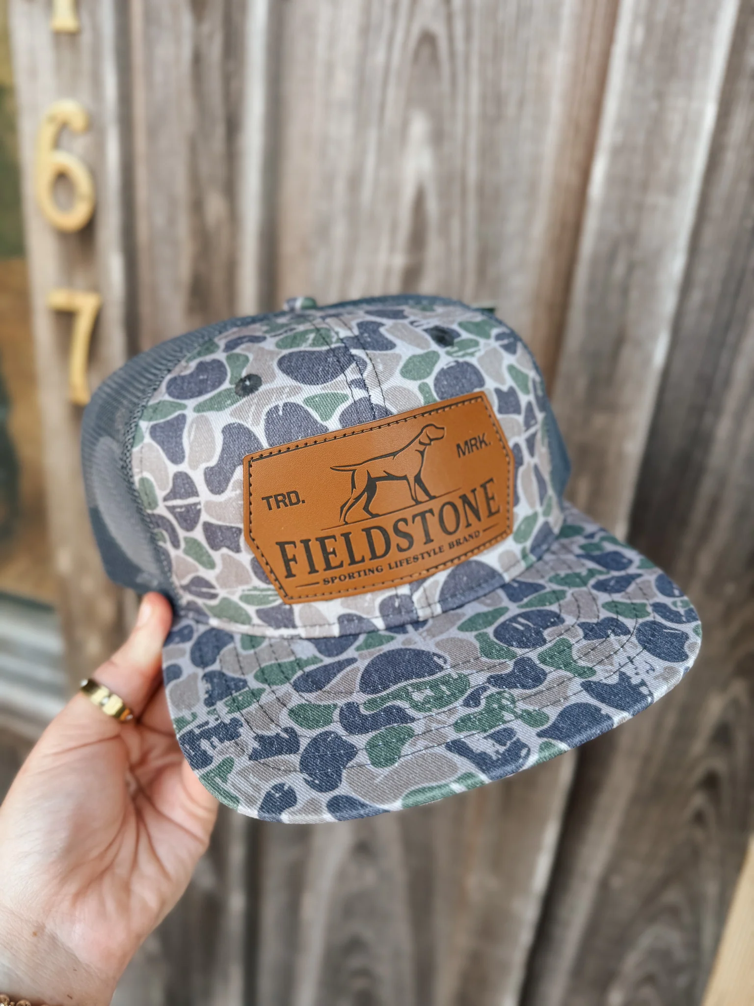 Fieldstone Backwoods Camo Leather Patch Cap - Image 3