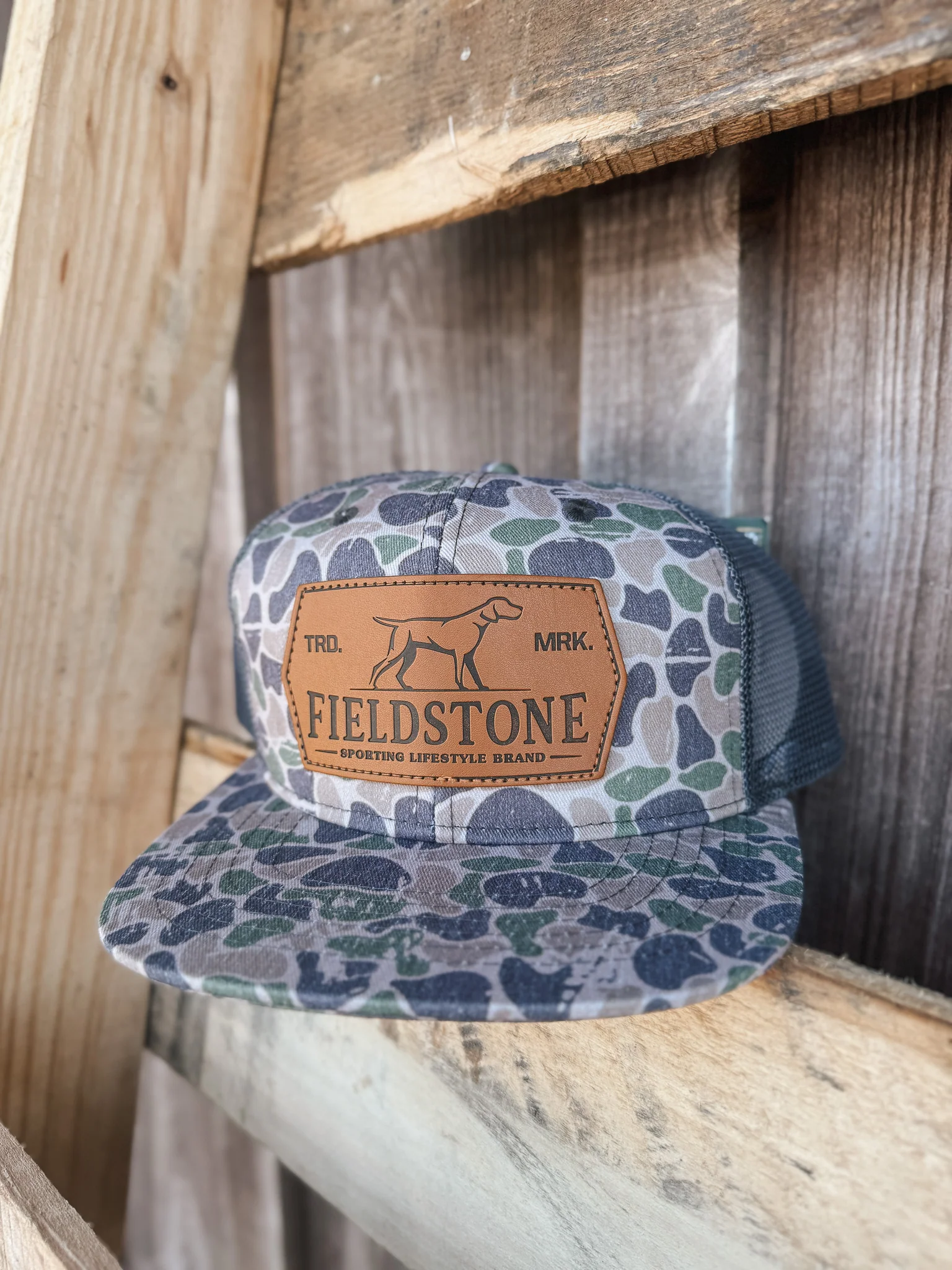 Fieldstone Backwoods Camo Leather Patch Cap - Image 4