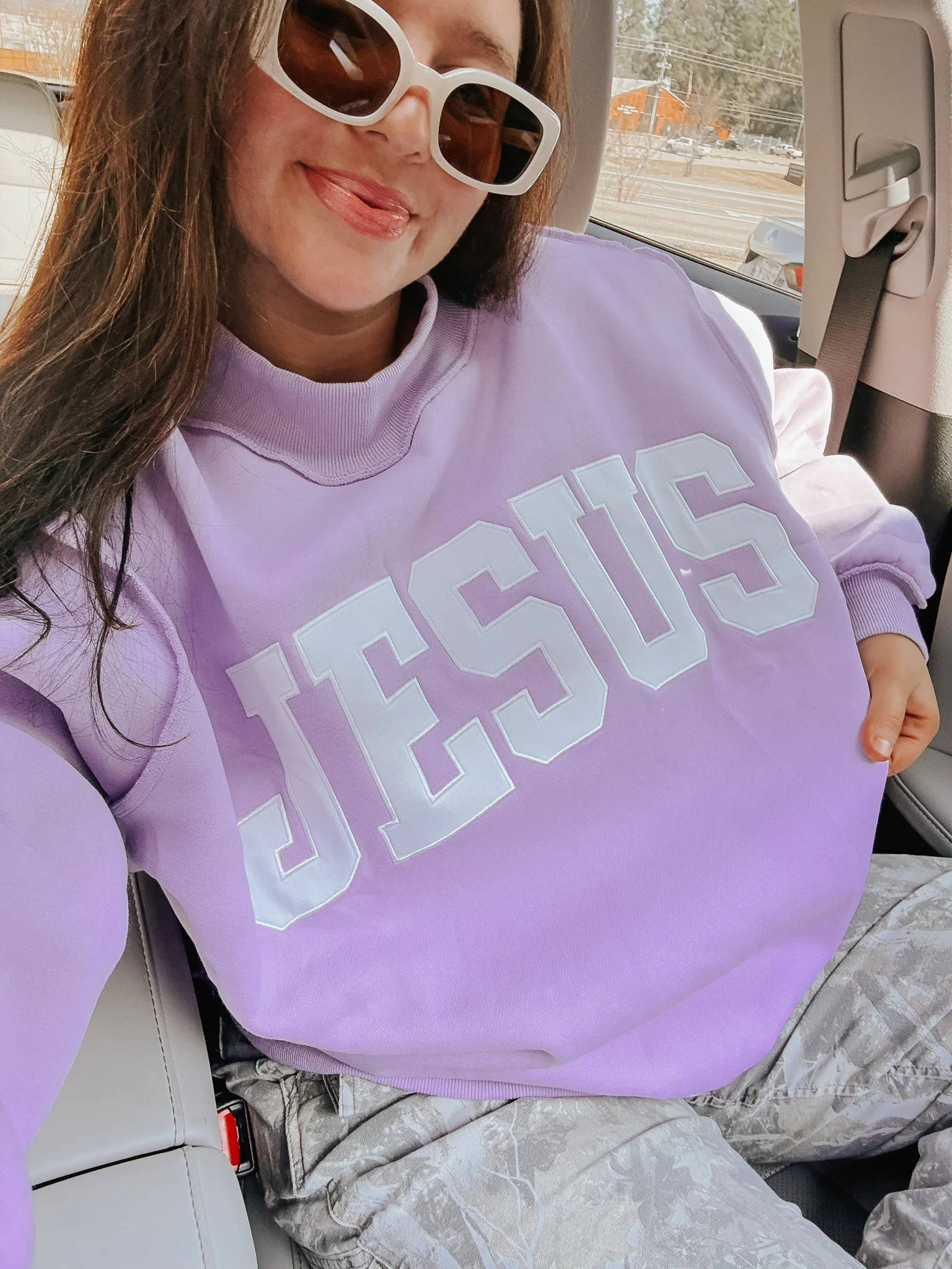 Jesus Embroidered Mock Neck Sweatshirt in Lavender - Image 2