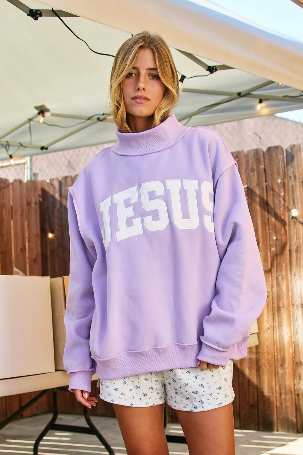 Jesus Embroidered Mock Neck Sweatshirt in Lavender - Image 4