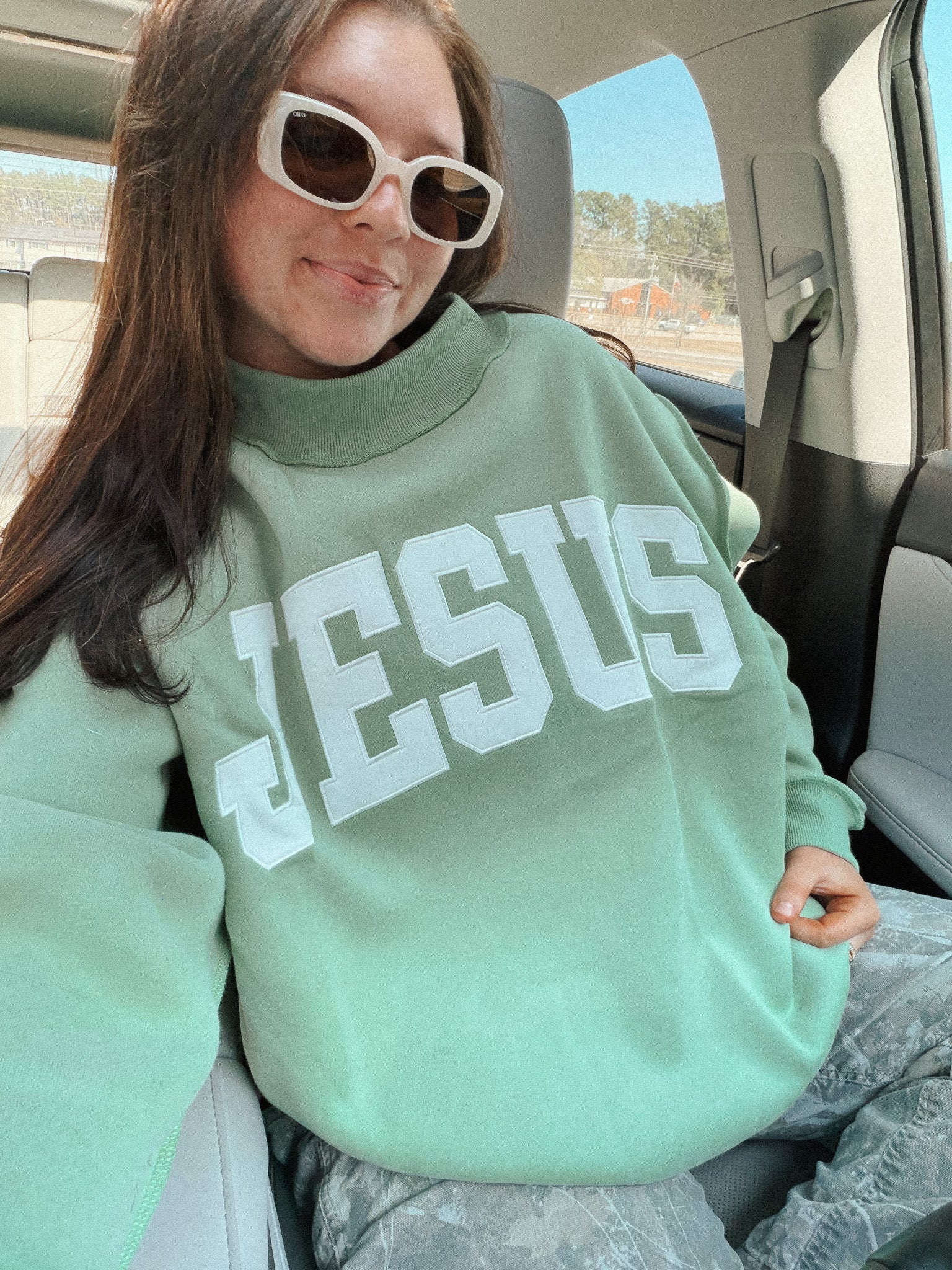 Jesus Embroidered Mock Neck Sweatshirt in Sage - Image 2