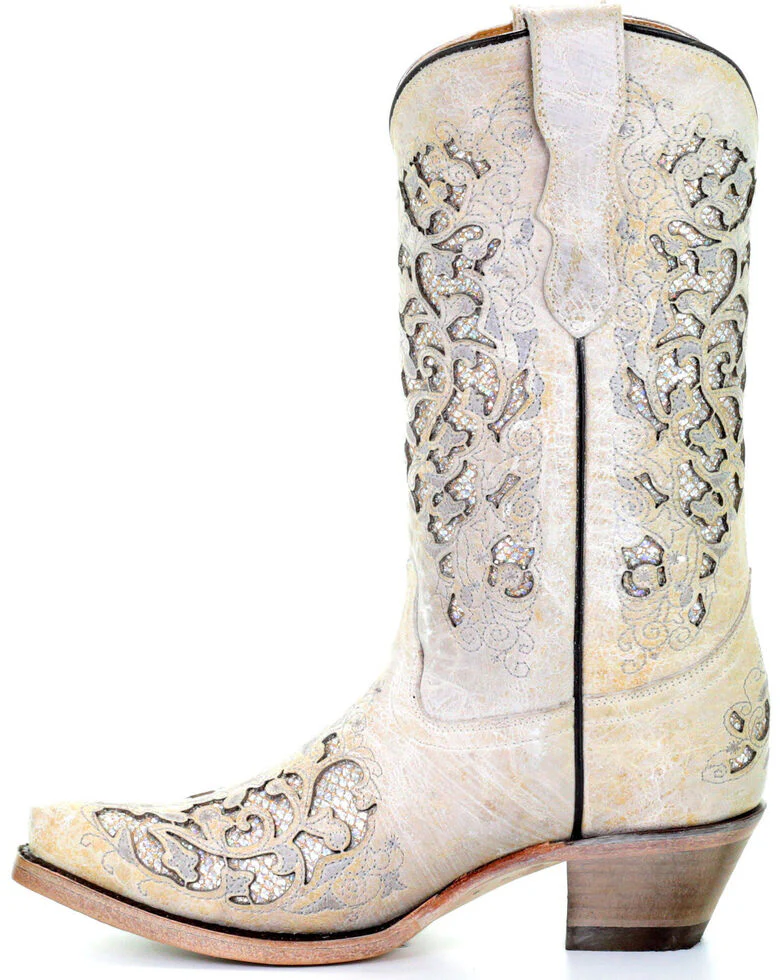 Youth Corral Bone Glitter Inlay & Embroidery Snip Toe Boots - Image 5