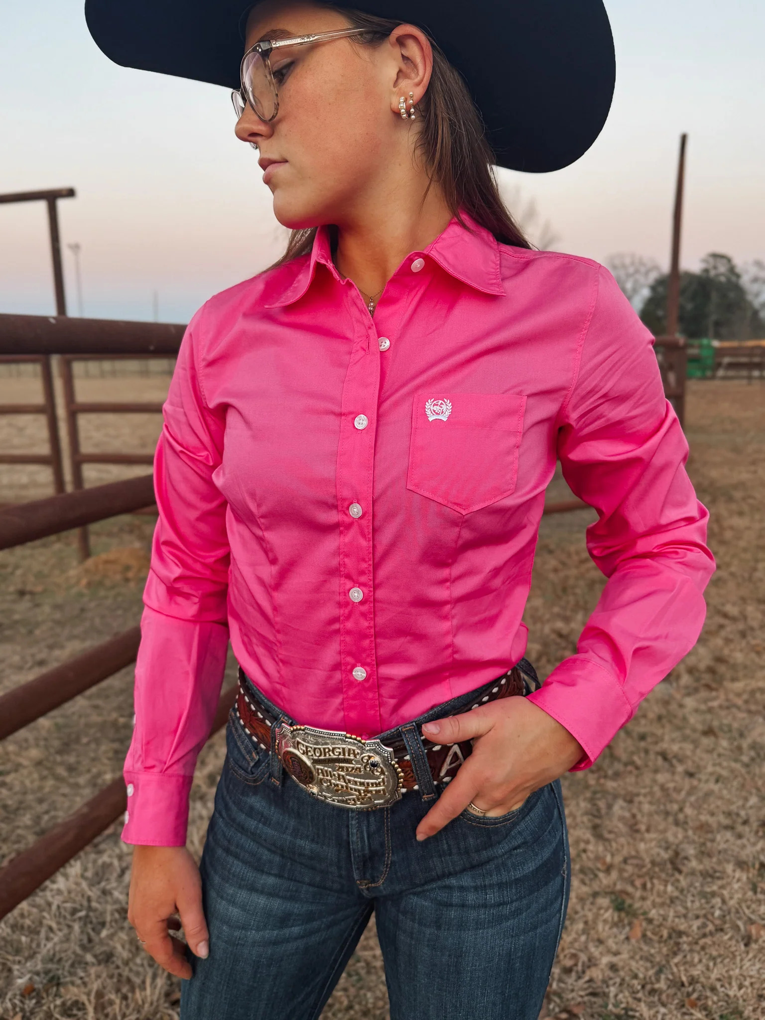 Cinch Women's Long Sleeve Button Down in Solid Pink - Image 8