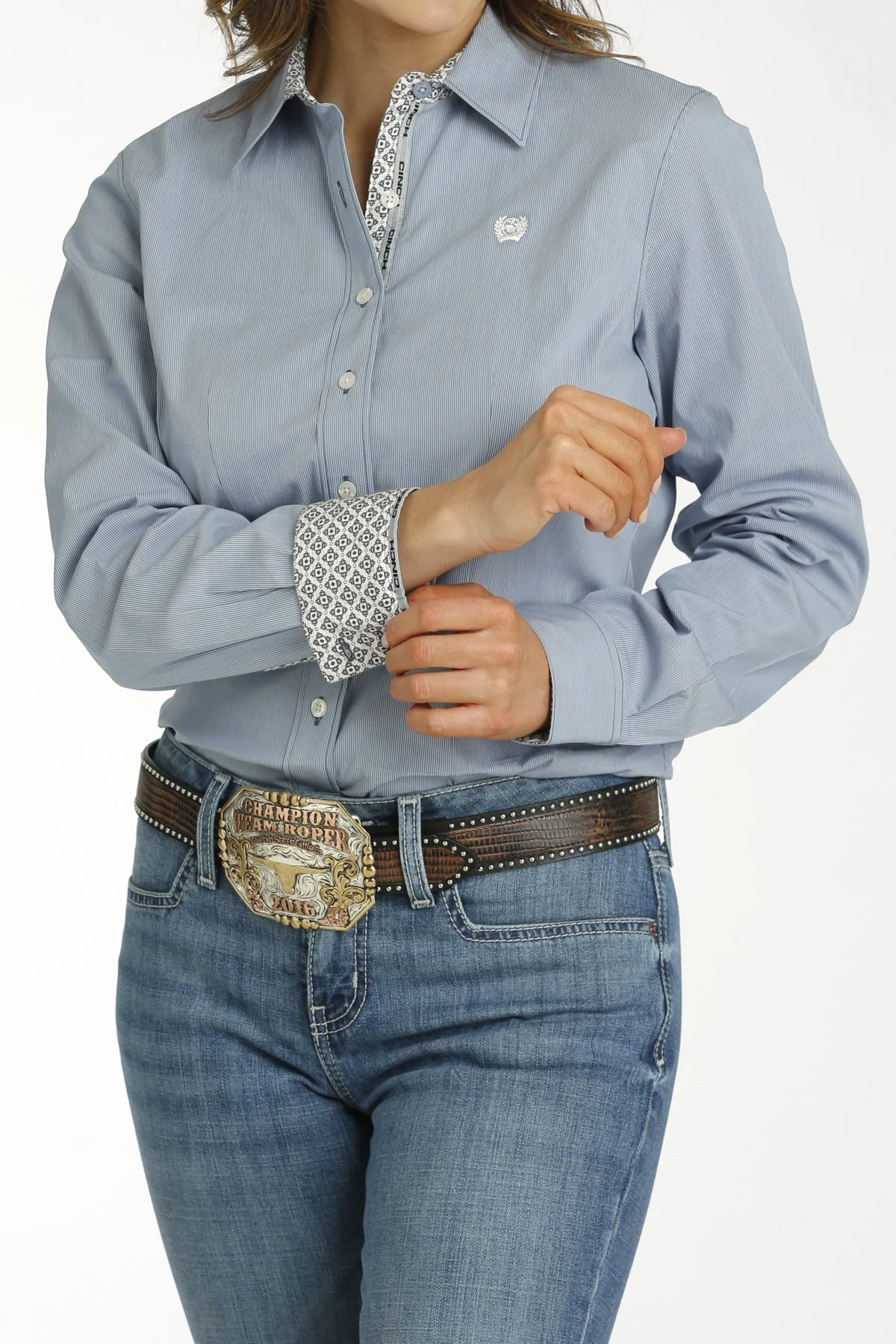 Women's Cinch Blue Stretch Stripe Button Shirt - Image 6