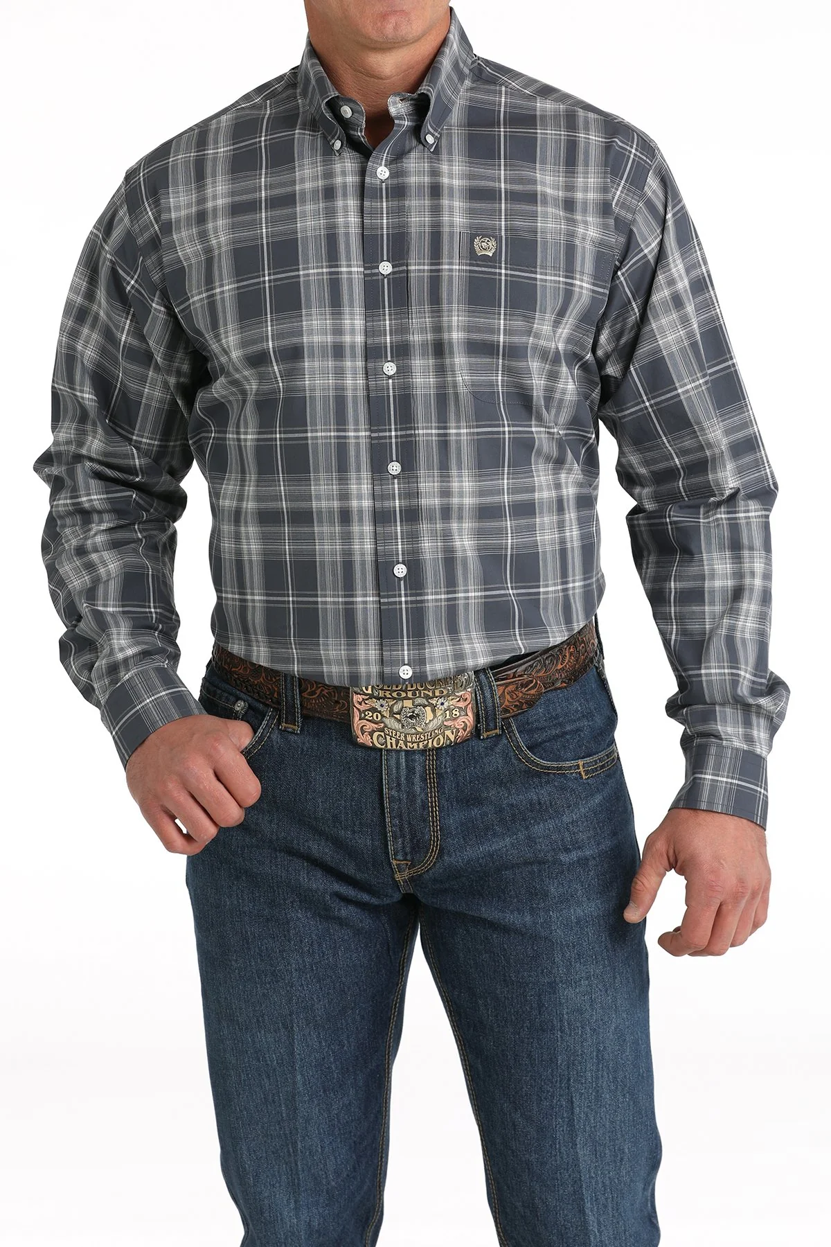 Men's Cinch Blue Plaid Button Shirt - Image 4