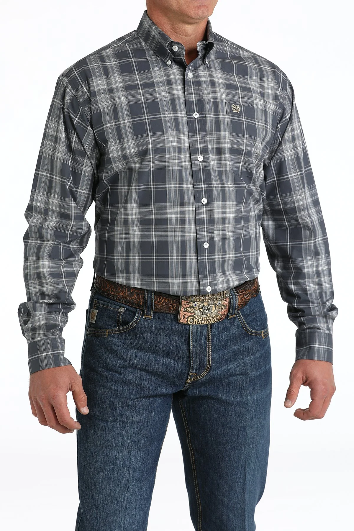 Men's Cinch Blue Plaid Button Shirt - Image 5