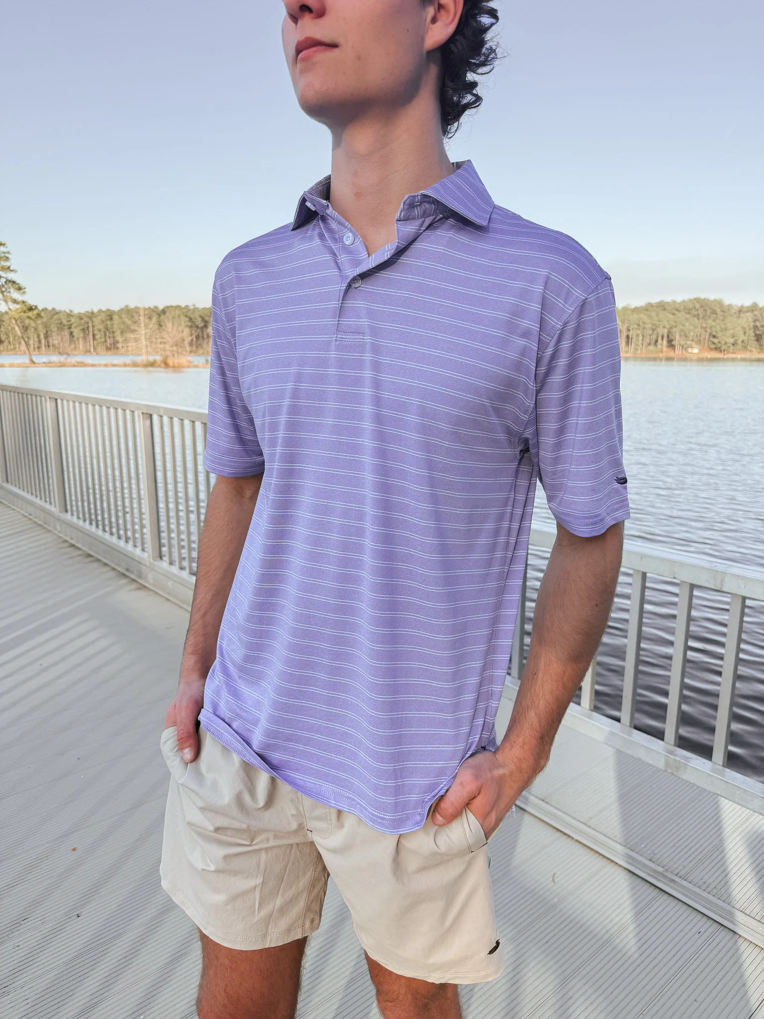 Men's Southern Marsh Newcastle Stripe Featherlight Polo in Purple - Image 2