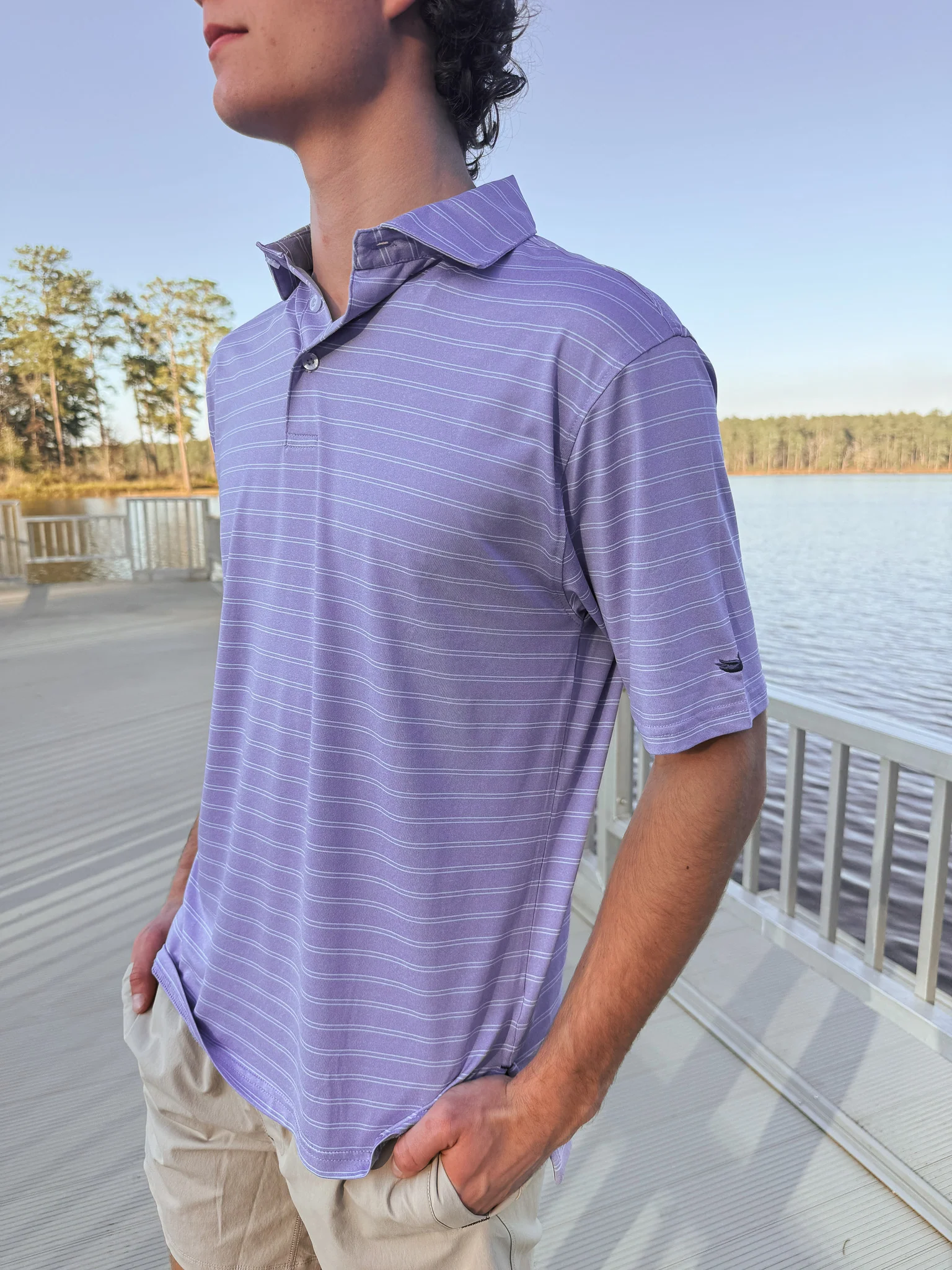 Men's Southern Marsh Newcastle Stripe Featherlight Polo in Purple - Image 3