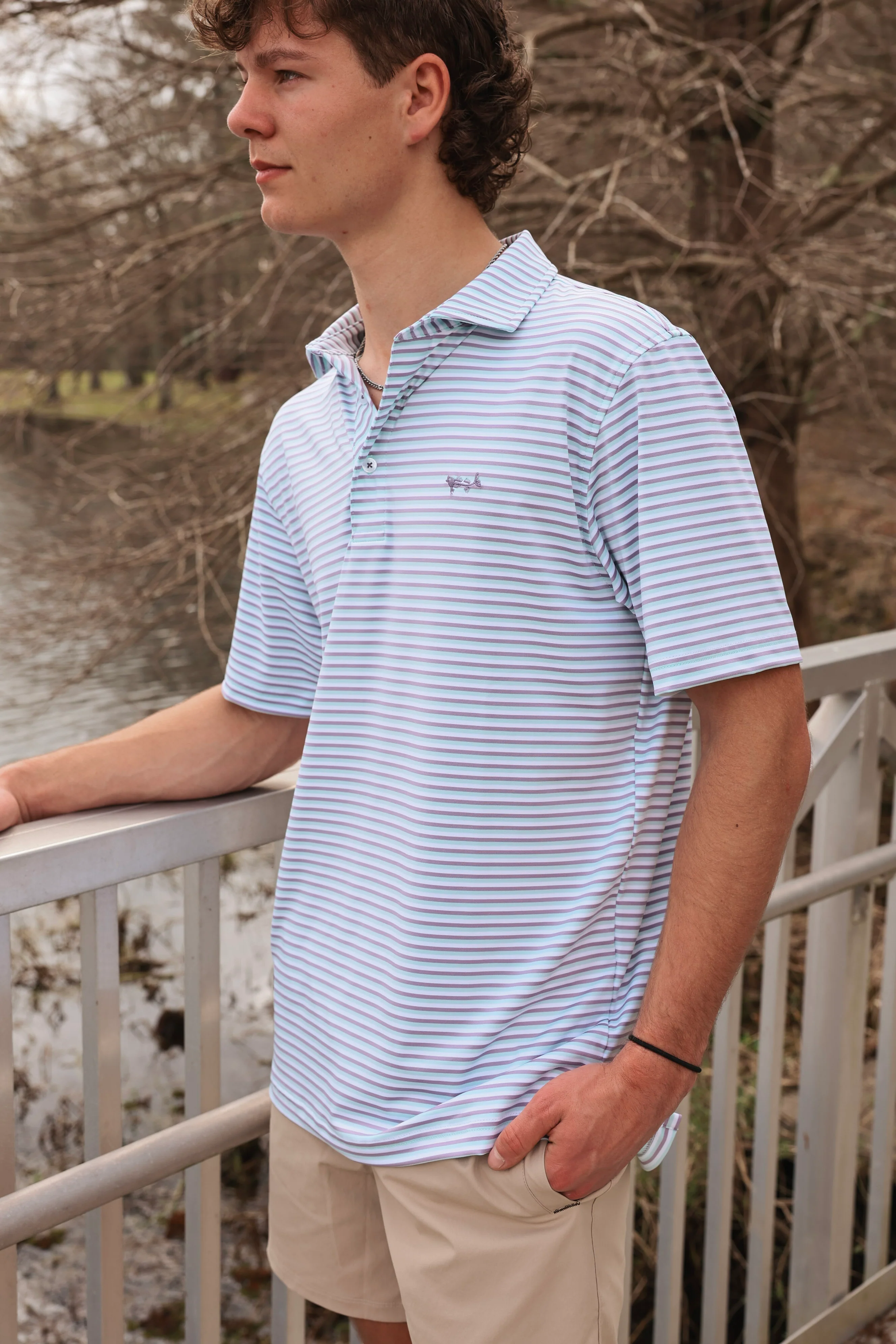 Coastal Cotton Men's Performance Polo in Aqua Stripe - Image 2