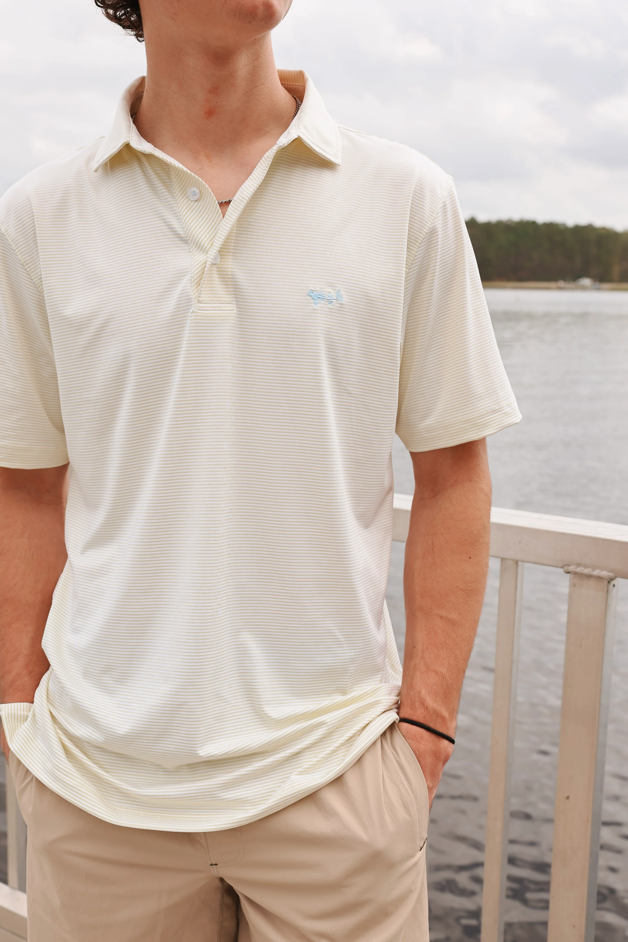 Coastal Cotton Men's Performance Polo in Yellow Stripe - Image 2