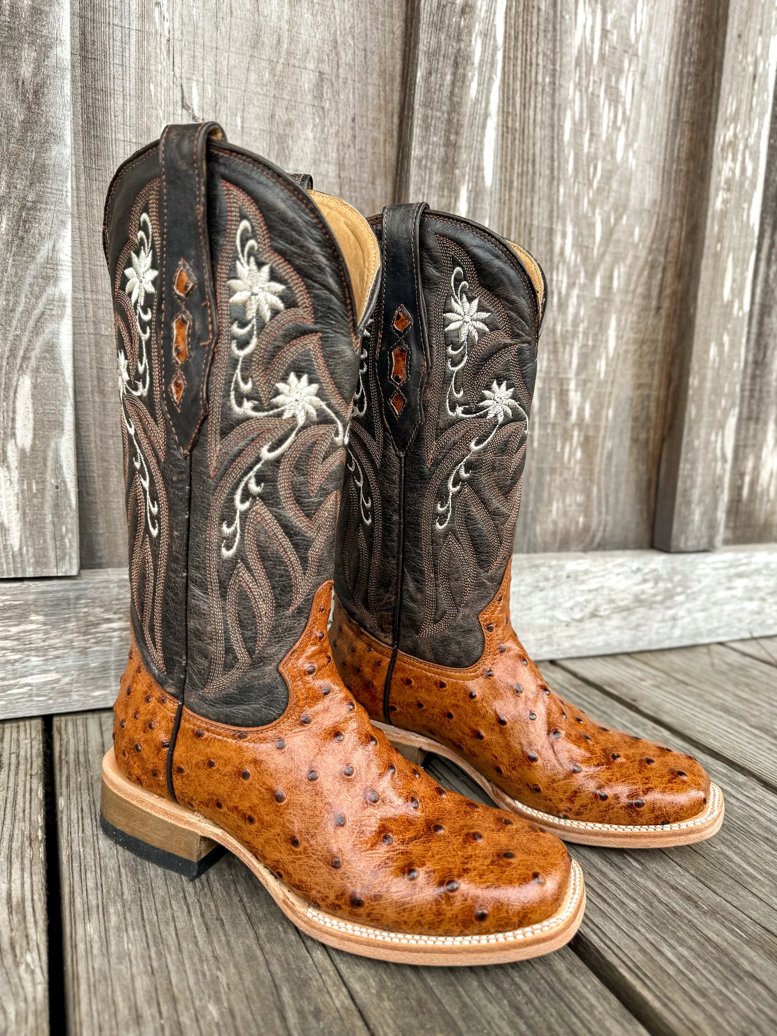 Cowtown Women's Full Quill Ostrich Print Square Toe Boots in Cognac - Image 3