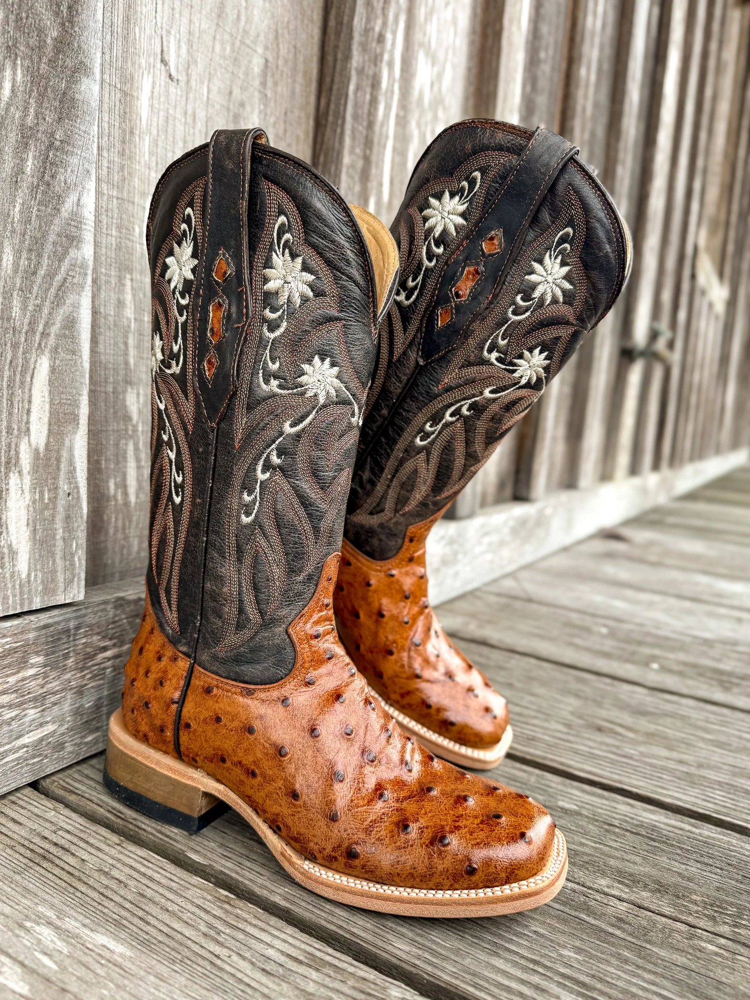 Cowtown Women's Full Quill Ostrich Print Square Toe Boots in Cognac - Image 4