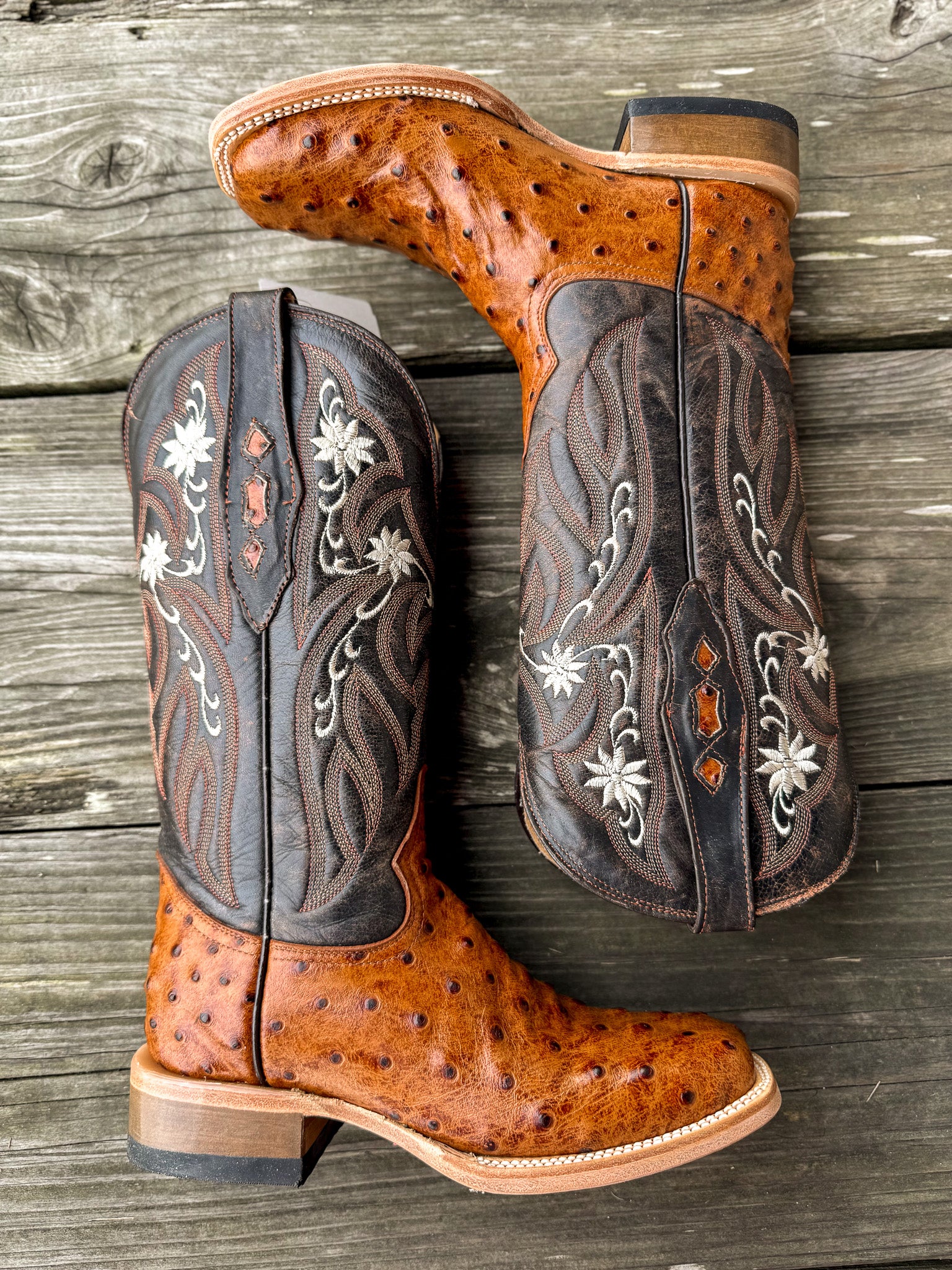 Cowtown Women's Full Quill Ostrich Print Square Toe Boots in Cognac - Image 9