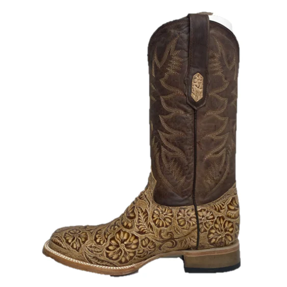 Men's Cowtown Oryx Hand Floral Tooled Brown Square Toe Boots - Image 4