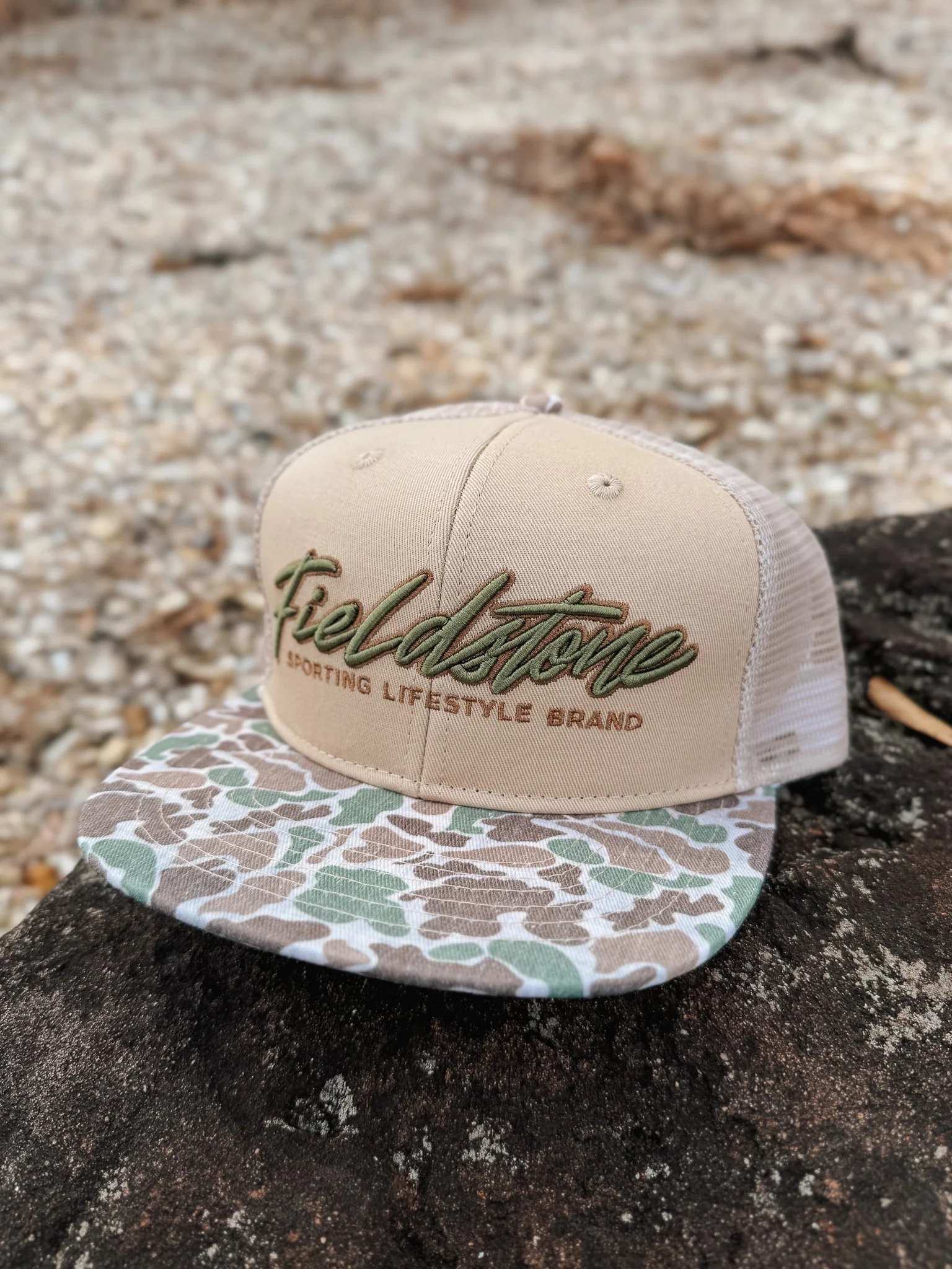 Fieldstone 6 Panel Script Logo Camo Bill Cap - Image 6
