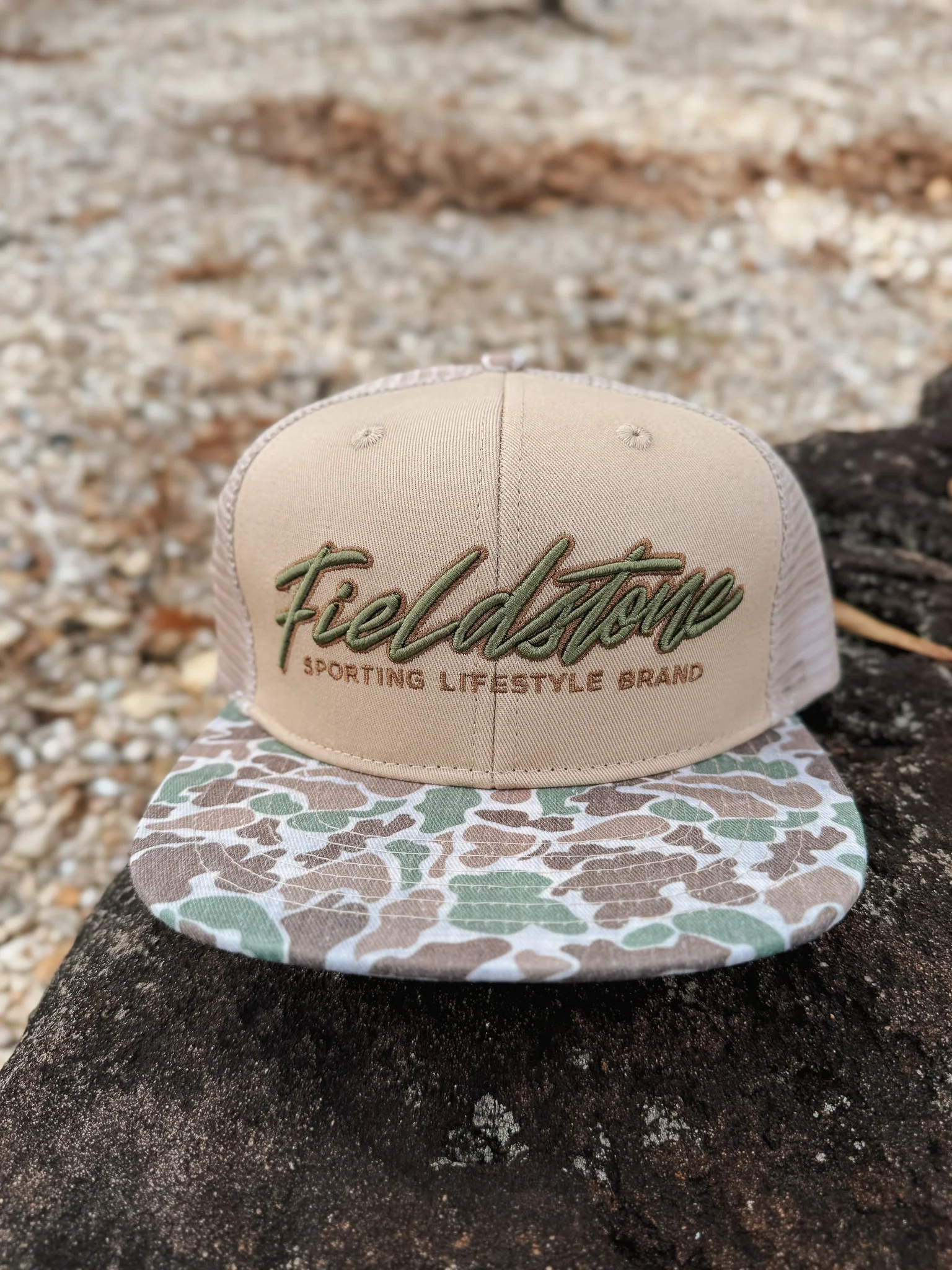 Fieldstone 6 Panel Script Logo Camo Bill Cap - Image 7