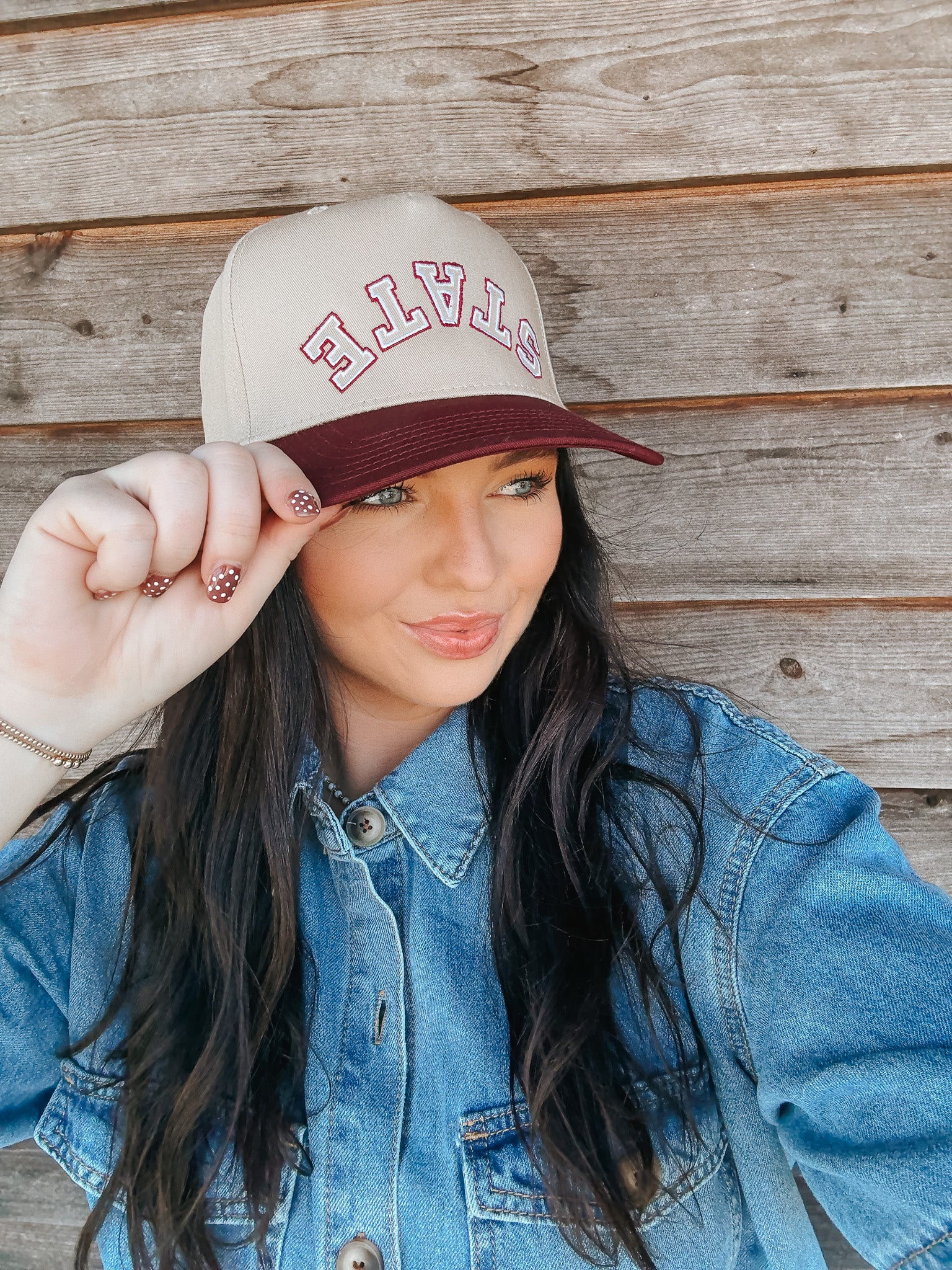 State Trucker Hat in Tan and Maroon - Image 2