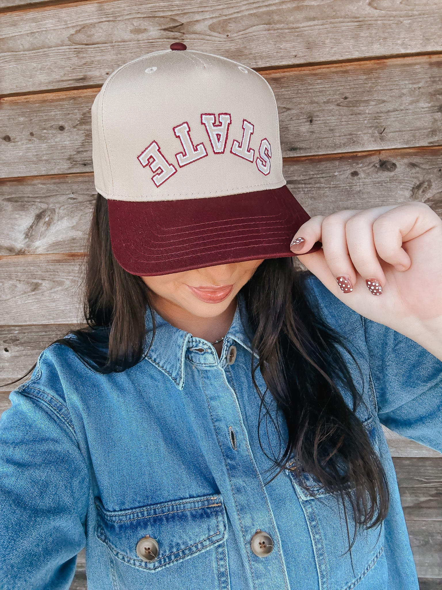 State Trucker Hat in Tan and Maroon - Image 3