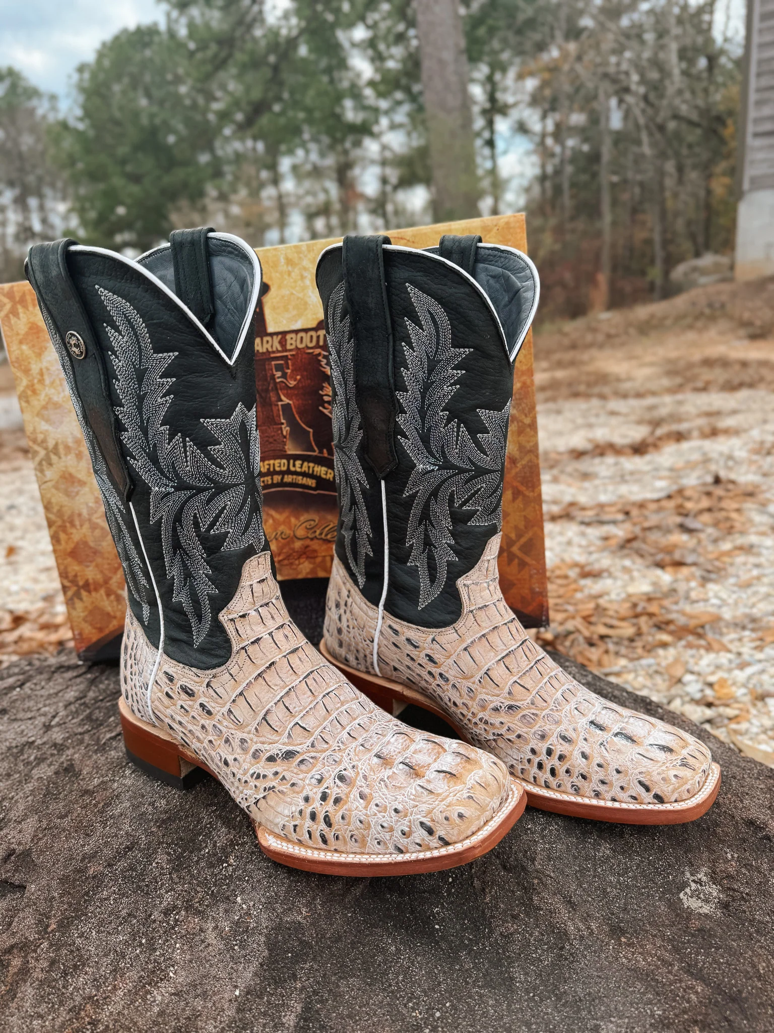 Tanner Mark Men's Caiman Hornback Print Square Toe Boots in Natural - Image 10