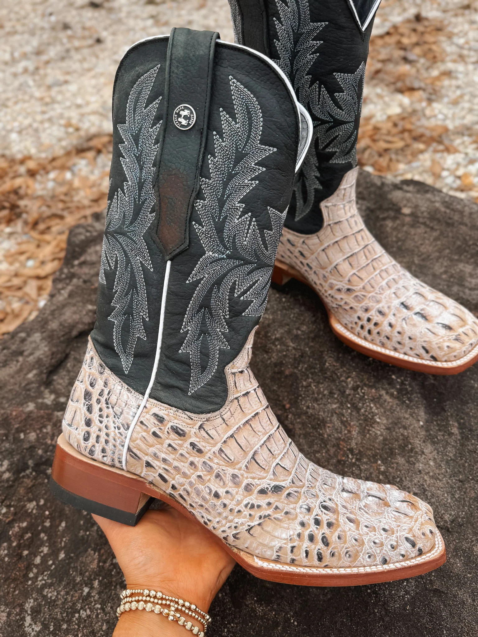 Tanner Mark Men's Caiman Hornback Print Square Toe Boots in Natural - Image 5