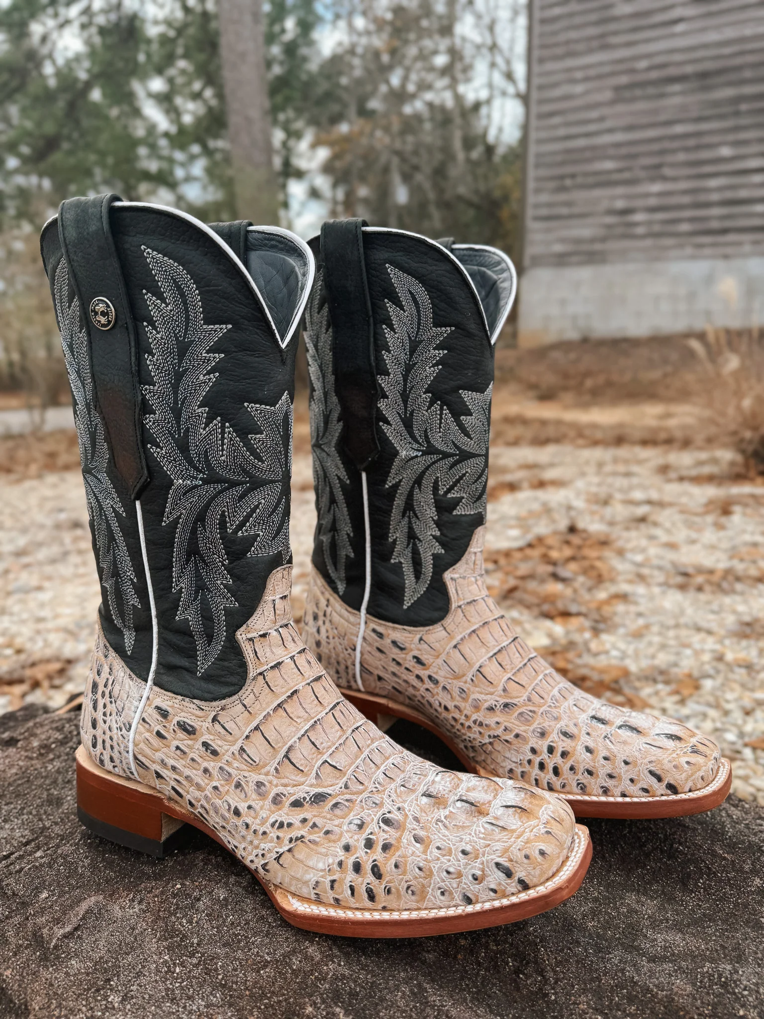 Tanner Mark Men's Caiman Hornback Print Square Toe Boots in Natural - Image 7