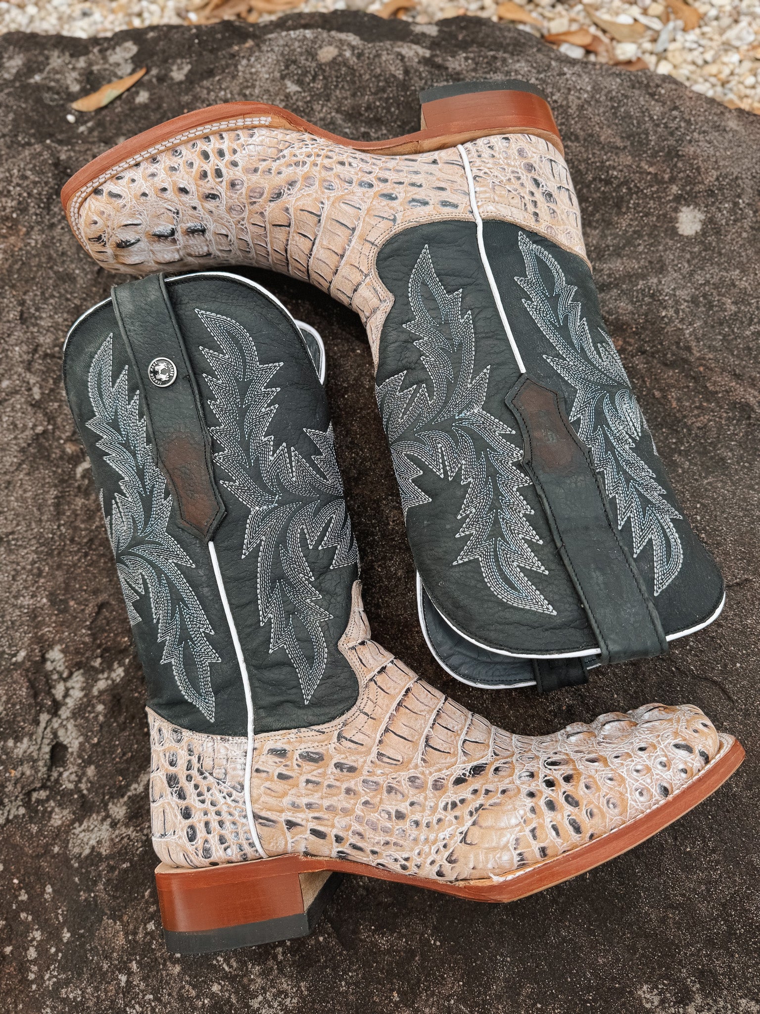 Tanner Mark Men's Caiman Hornback Print Square Toe Boots in Natural - Image 8